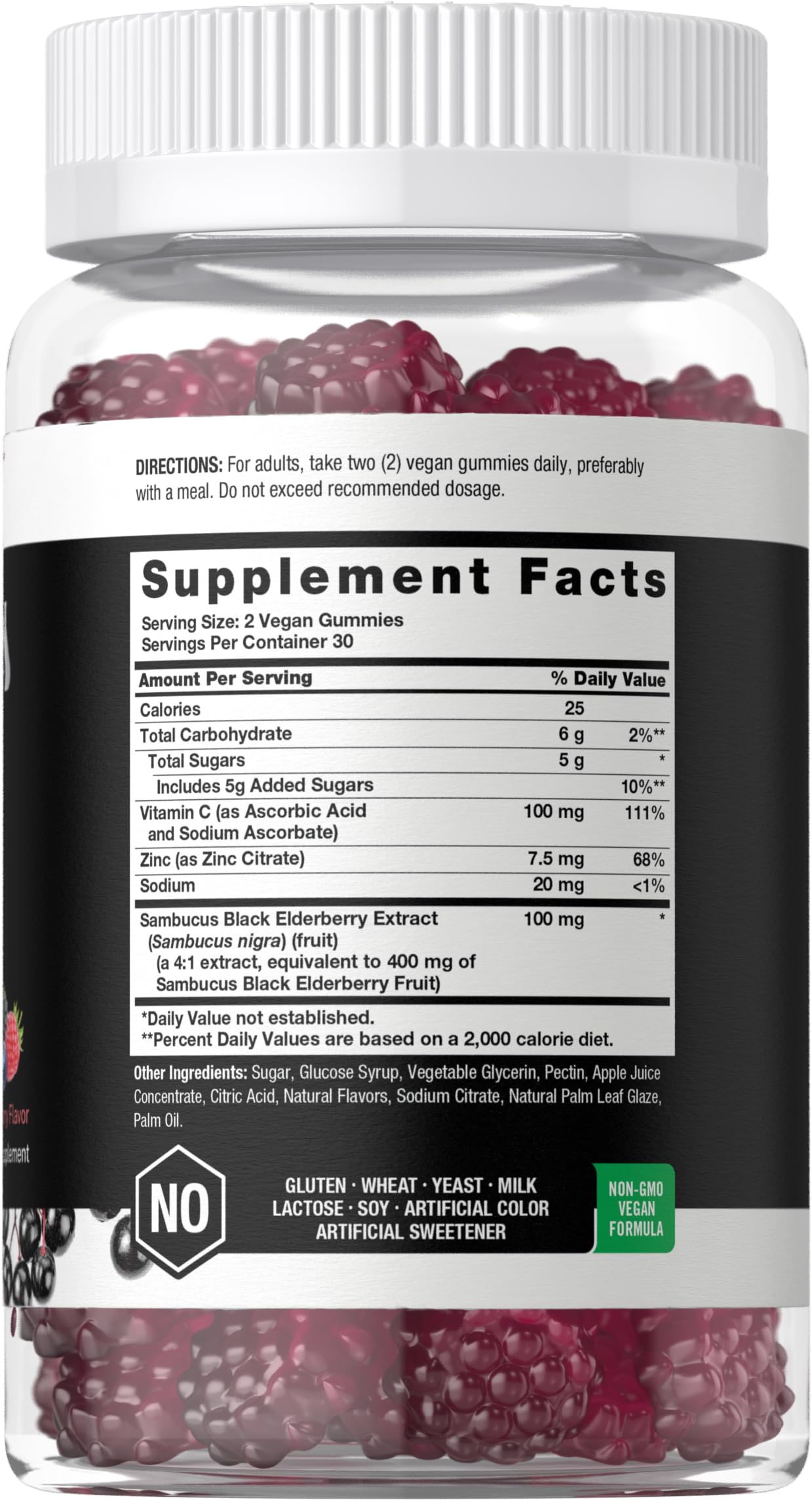 Horbaach Sambucus Elderberry Gummies jar label highlights gluten-free, non-GMO ingredients.