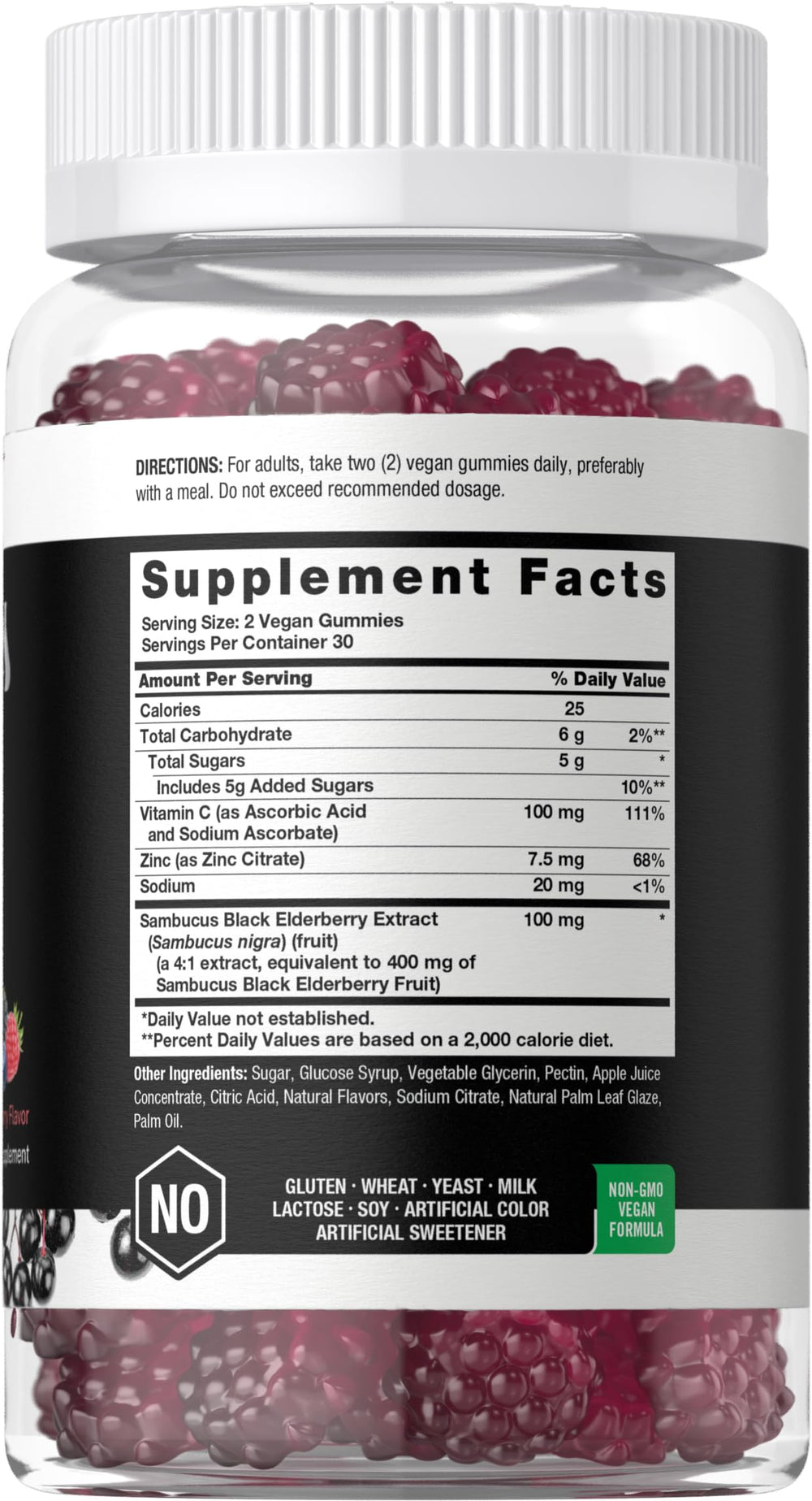 Horbaach Sambucus Elderberry Gummies jar label highlights gluten-free, non-GMO ingredients.