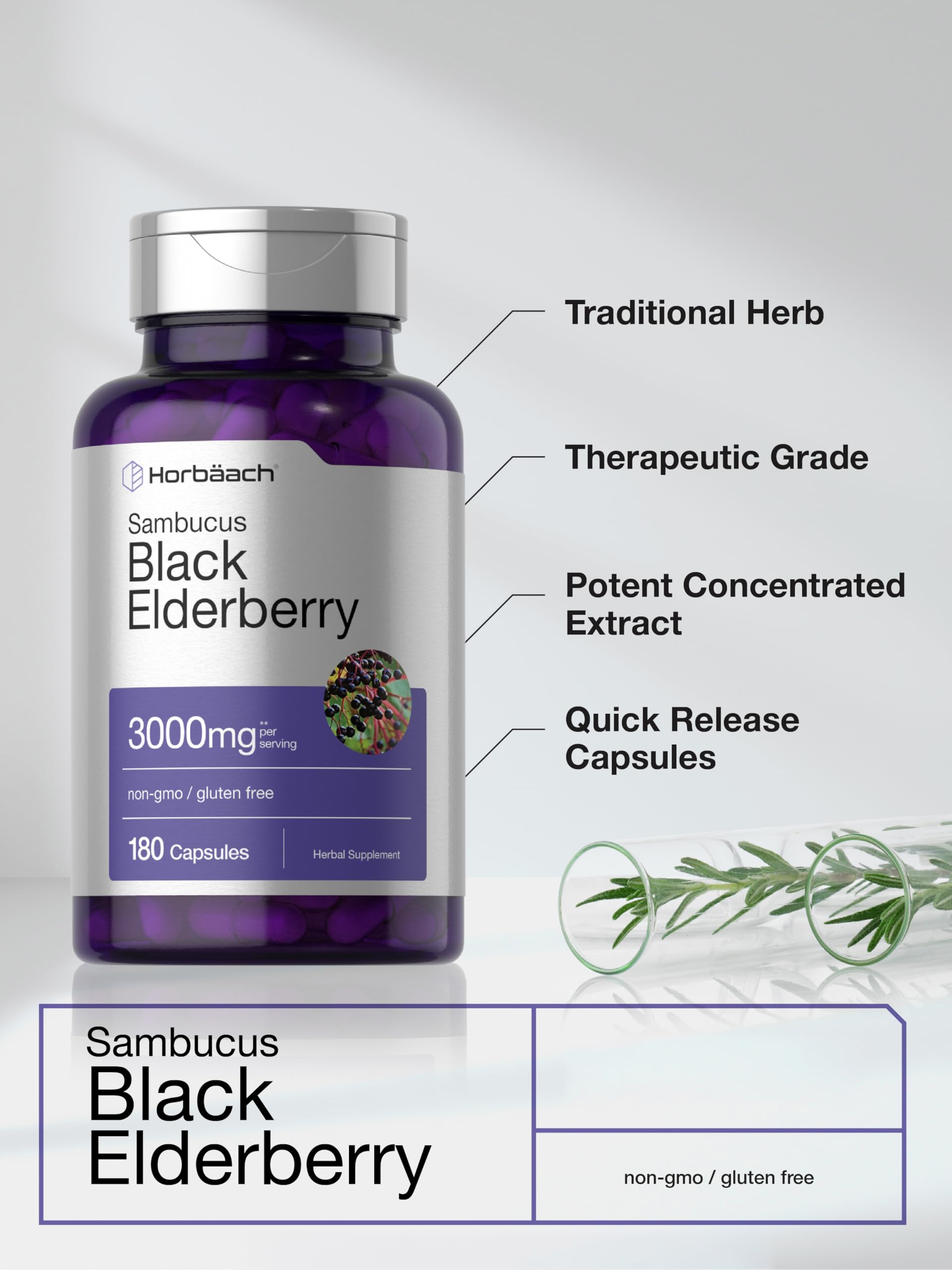 Horbäach Sambucus extract bottle with lab-tested branding.