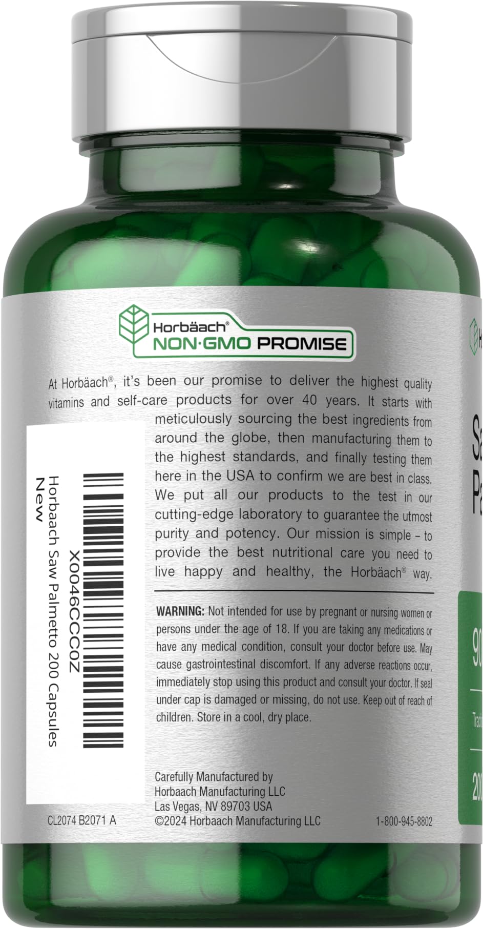 Horbäach Saw Palmetto Extract gluten-free label highlighting purity.