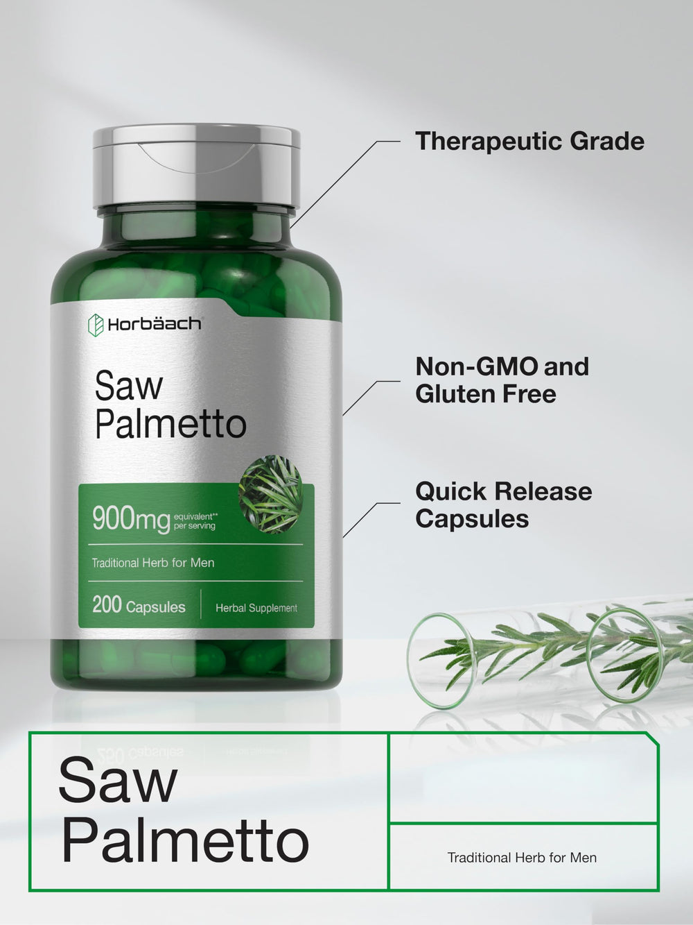 Horbäach Saw Palmetto Extract non-GMO label signaling clean sourcing.