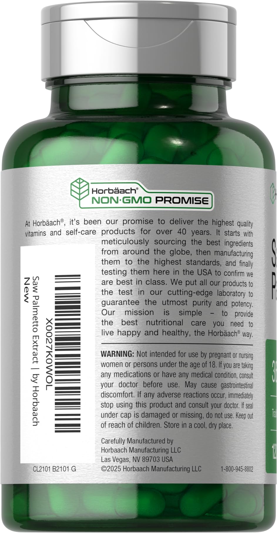 Horbäach Saw Palmetto label details with ingredients and guarantees
