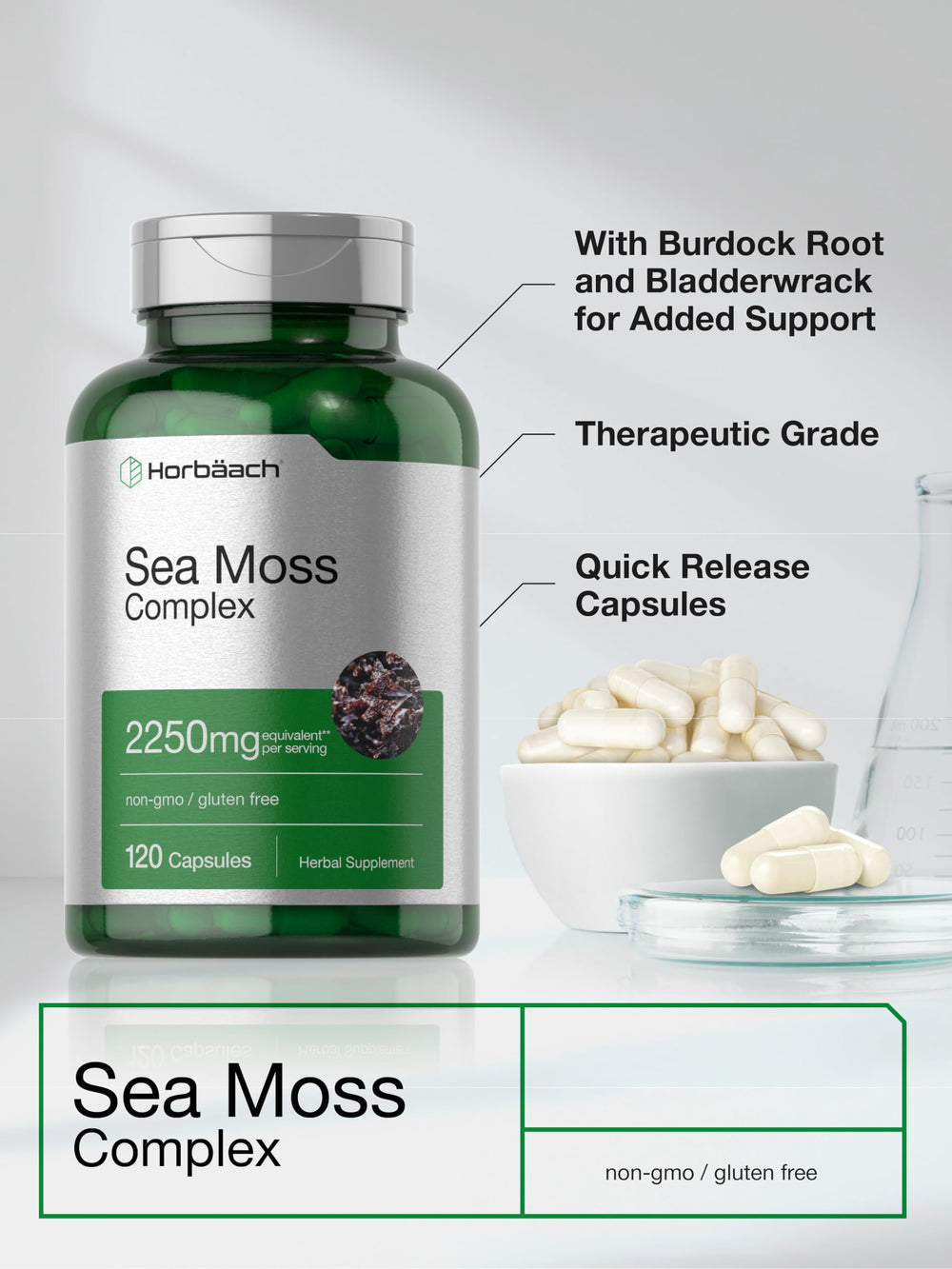 Horbäach Sea Moss Complex bottle with bladderwrack root visual.