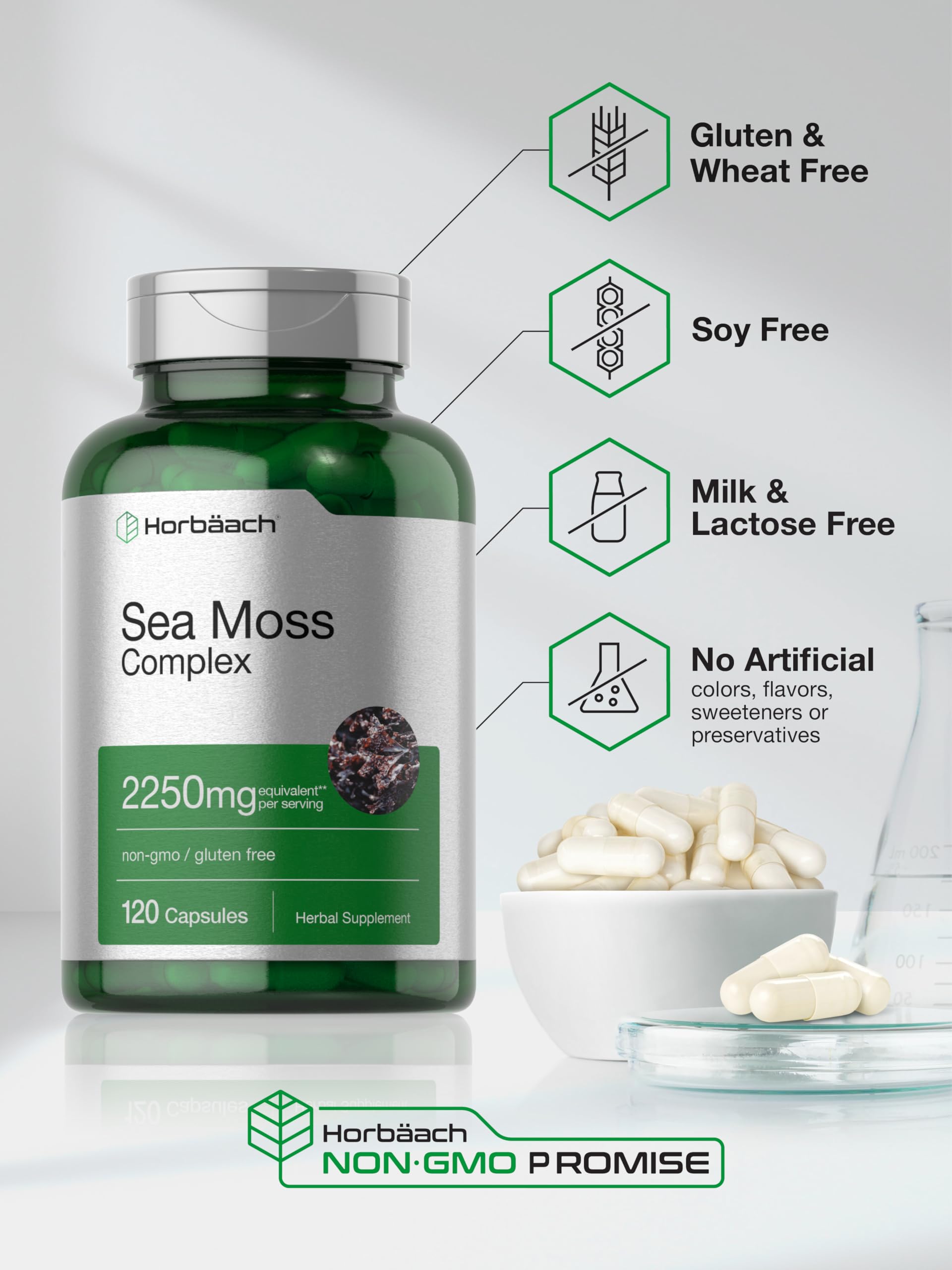Horbäach Sea Moss Complex packaging highlights gluten-free and non-GMO.