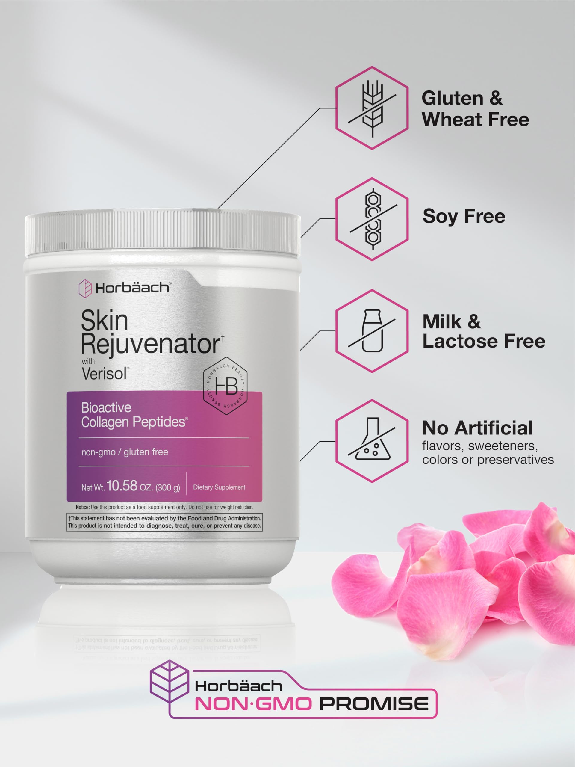 Horbaach Skin Rejuvenator packaging box showcases gluten-free, non-GMO credentials.