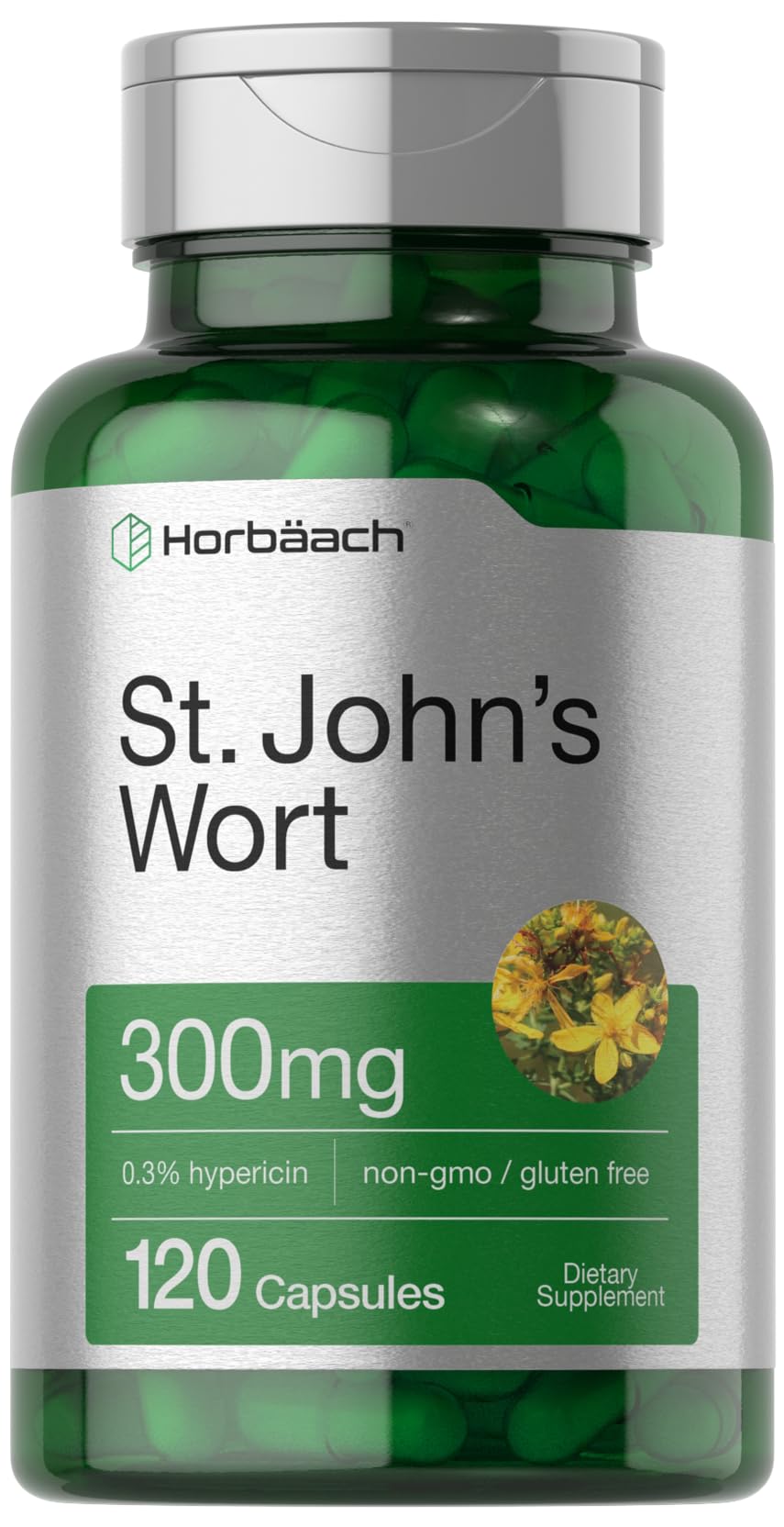 Horbäach St John's Wort capsules bottle with 300 mg strength for daily wellness.