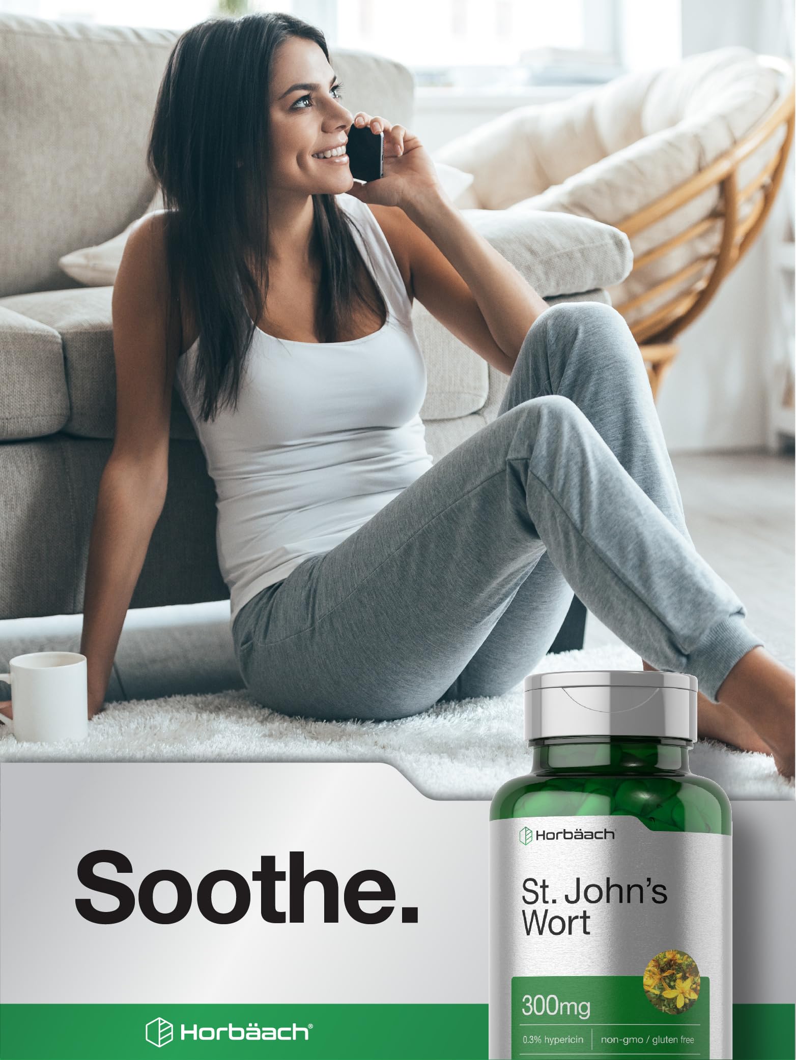 Horbäach St John's Wort capsules aligned to show 300 mg dosage.
