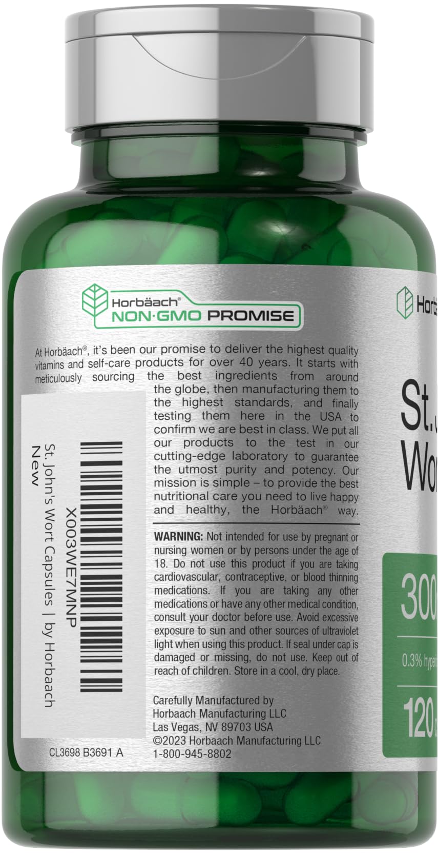 Horbäach St John's Wort capsules being poured for easy daily use.