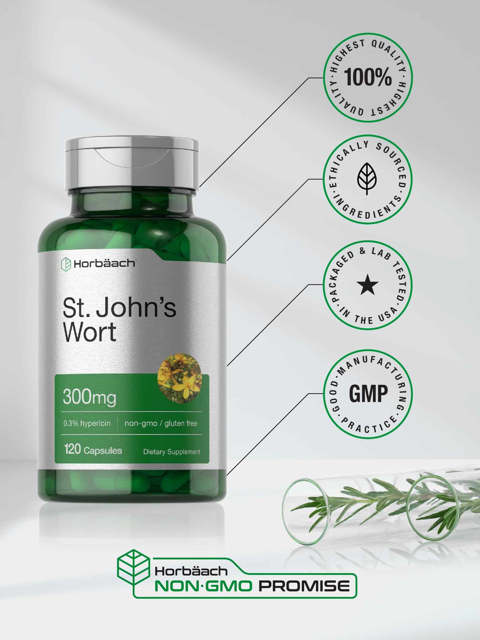 Horbäach St John's Wort lab-testing icon indicates purity and potency.
