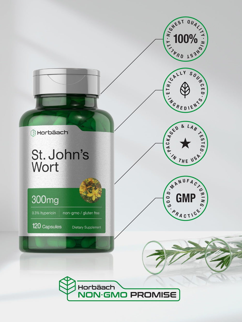 Horbäach St John's Wort lab-testing icon indicates purity and potency.