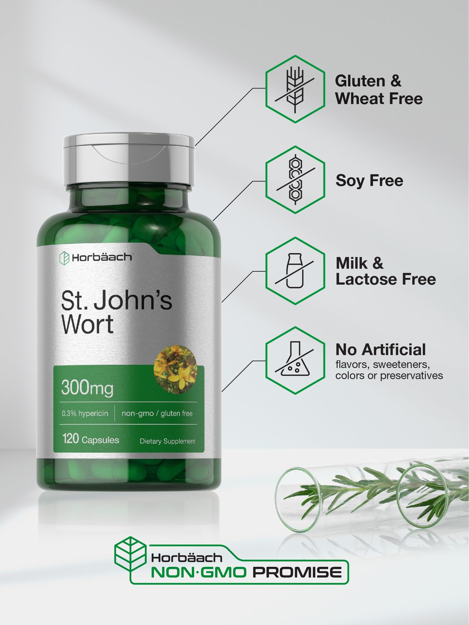Horbäach St John's Wort label close-up highlighting gluten-free and non-GMO claims.
