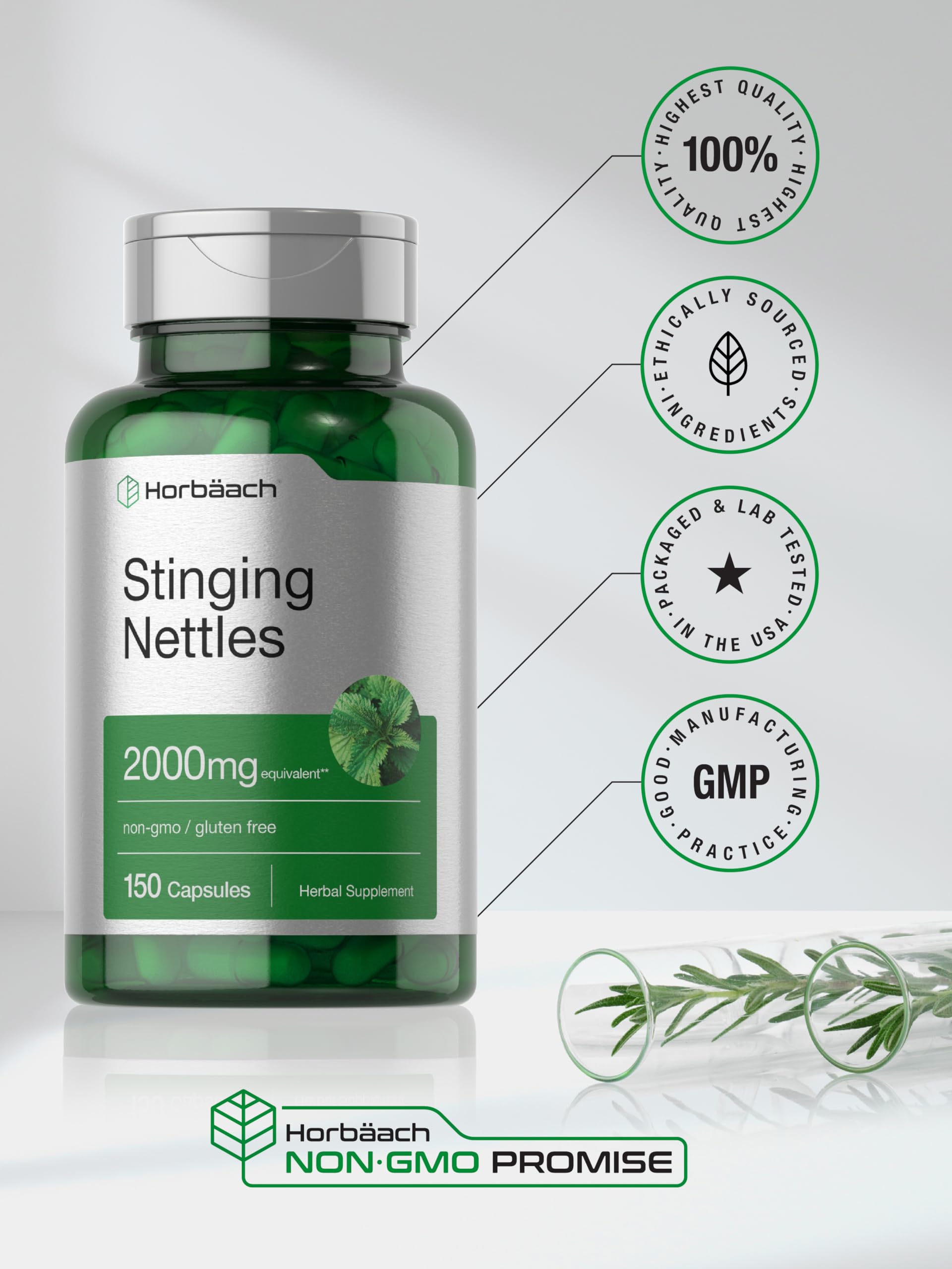 Horbäach Stinging Nettle Capsules glossy-pack highlighting premium packaging.