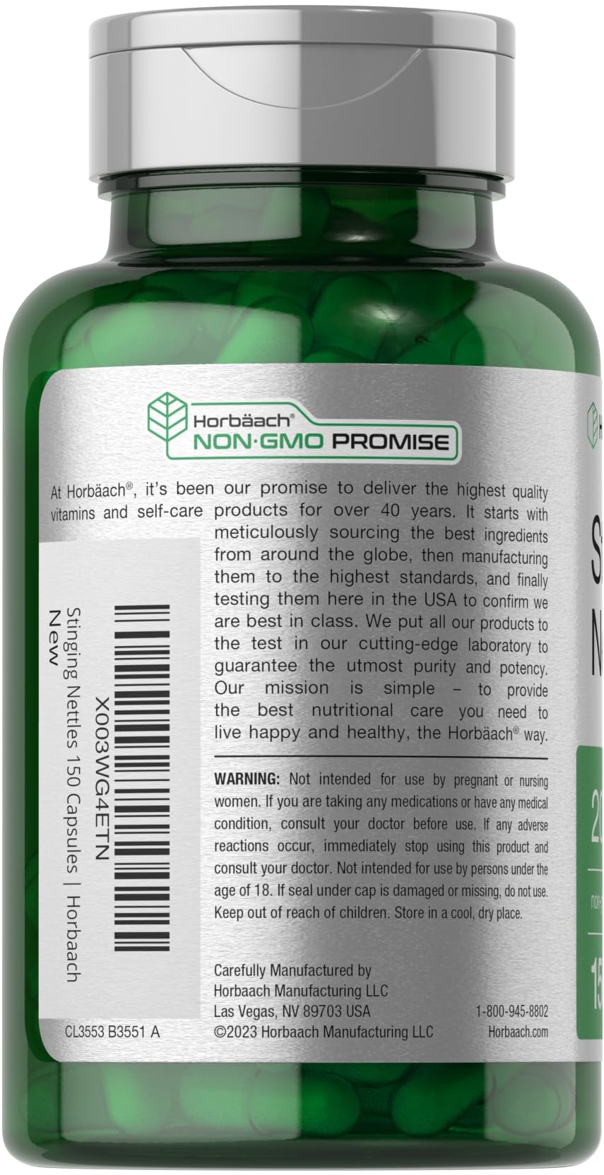 Horbäach Stinging Nettle Capsules label close-up highlighting purity and potency.