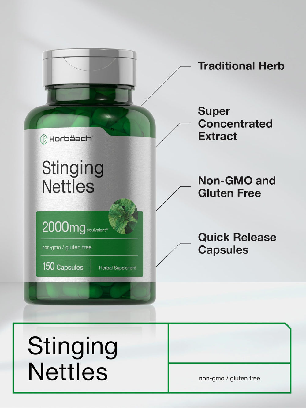 Horbäach Stinging Nettle Capsules packaging showing Non-GMO and gluten-free features.