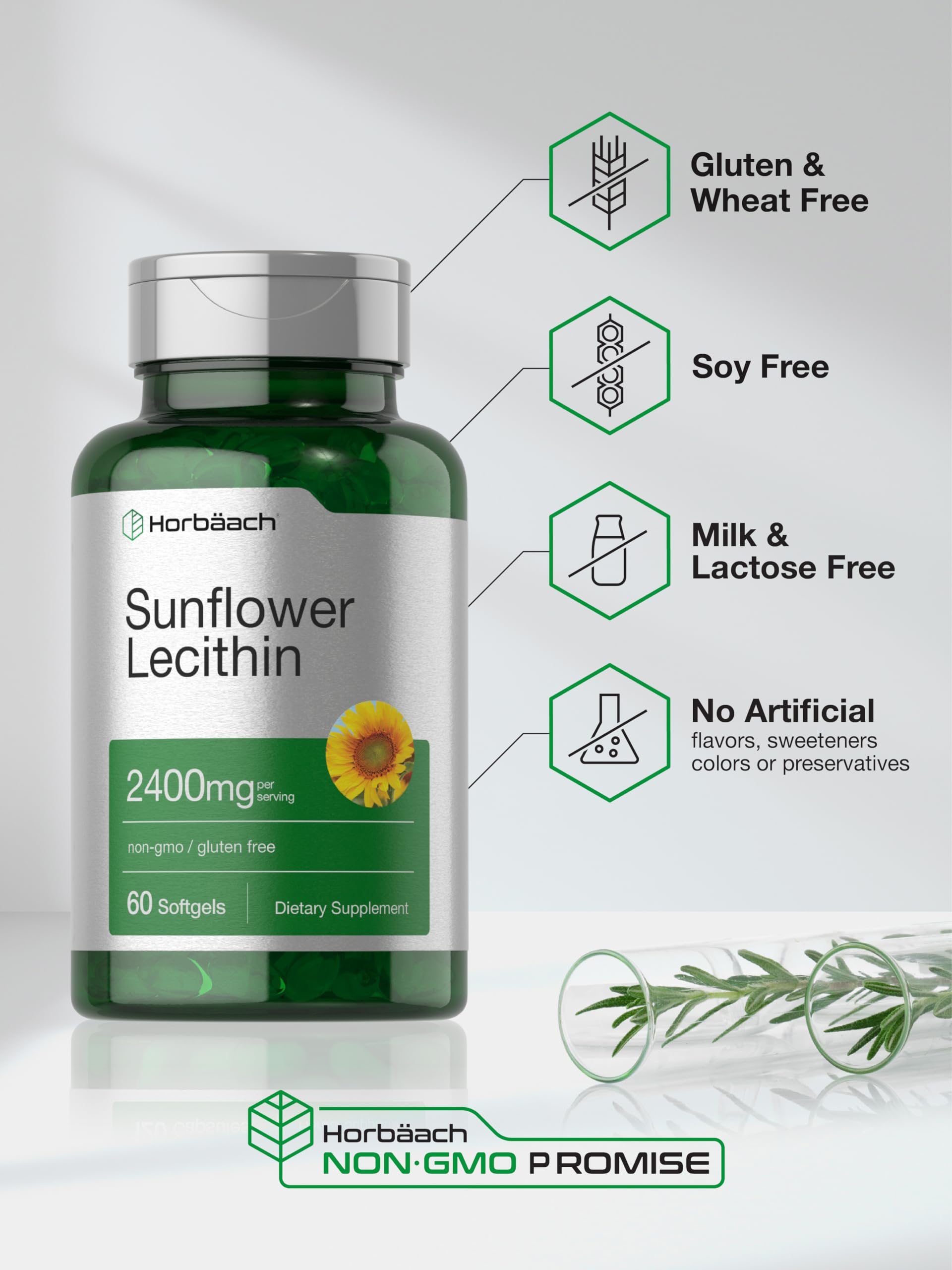 Nutritional panel on Horbaach Sunflower Lecithin softgels emphasizes EFAs and balanced nutrition