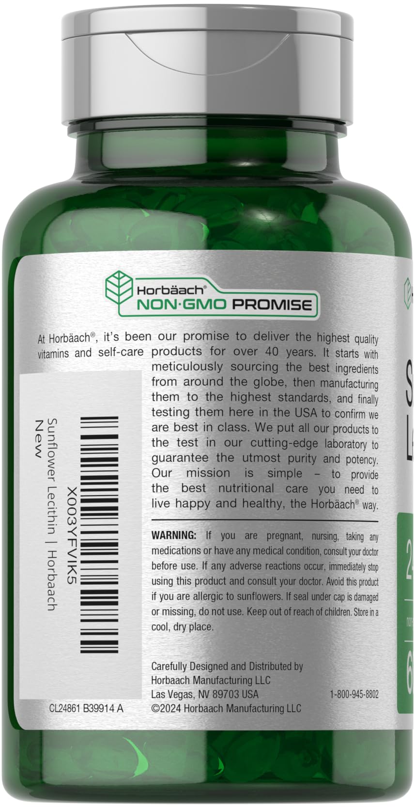 Horbaach Sunflower Lecithin softgel label highlights non-GMO and gluten-free attributes