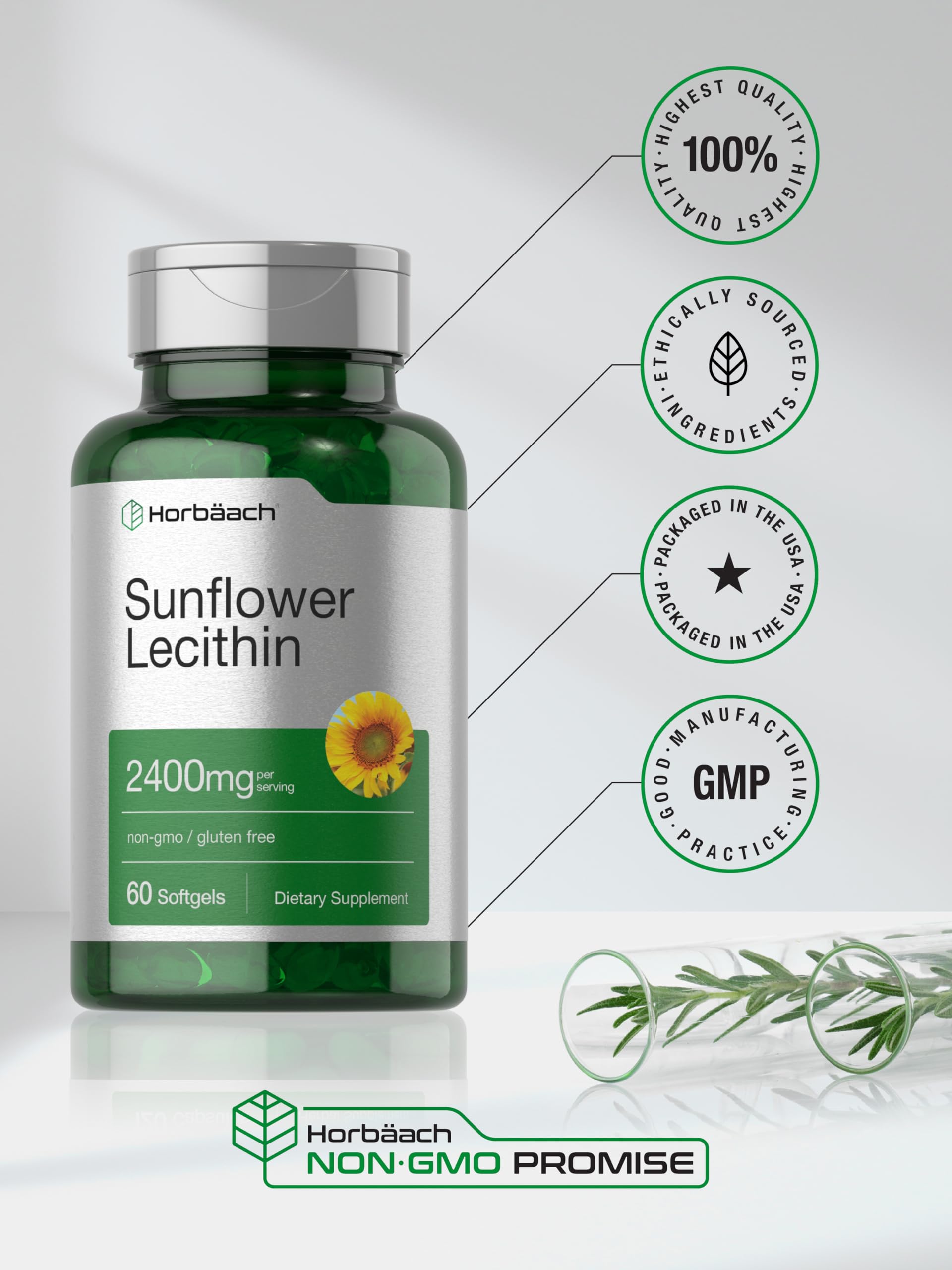 Horbaach Sunflower Lecithin bottle with trusted branding signaling quality and purity