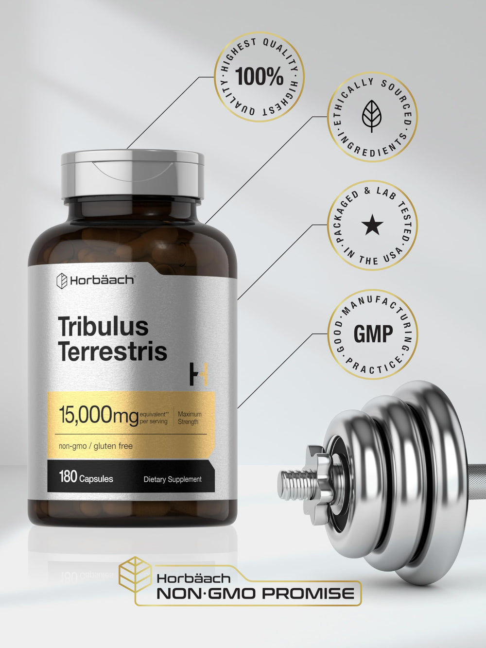 Horbäach Tribulus bottle with glass of water, quick-release capsules concept.