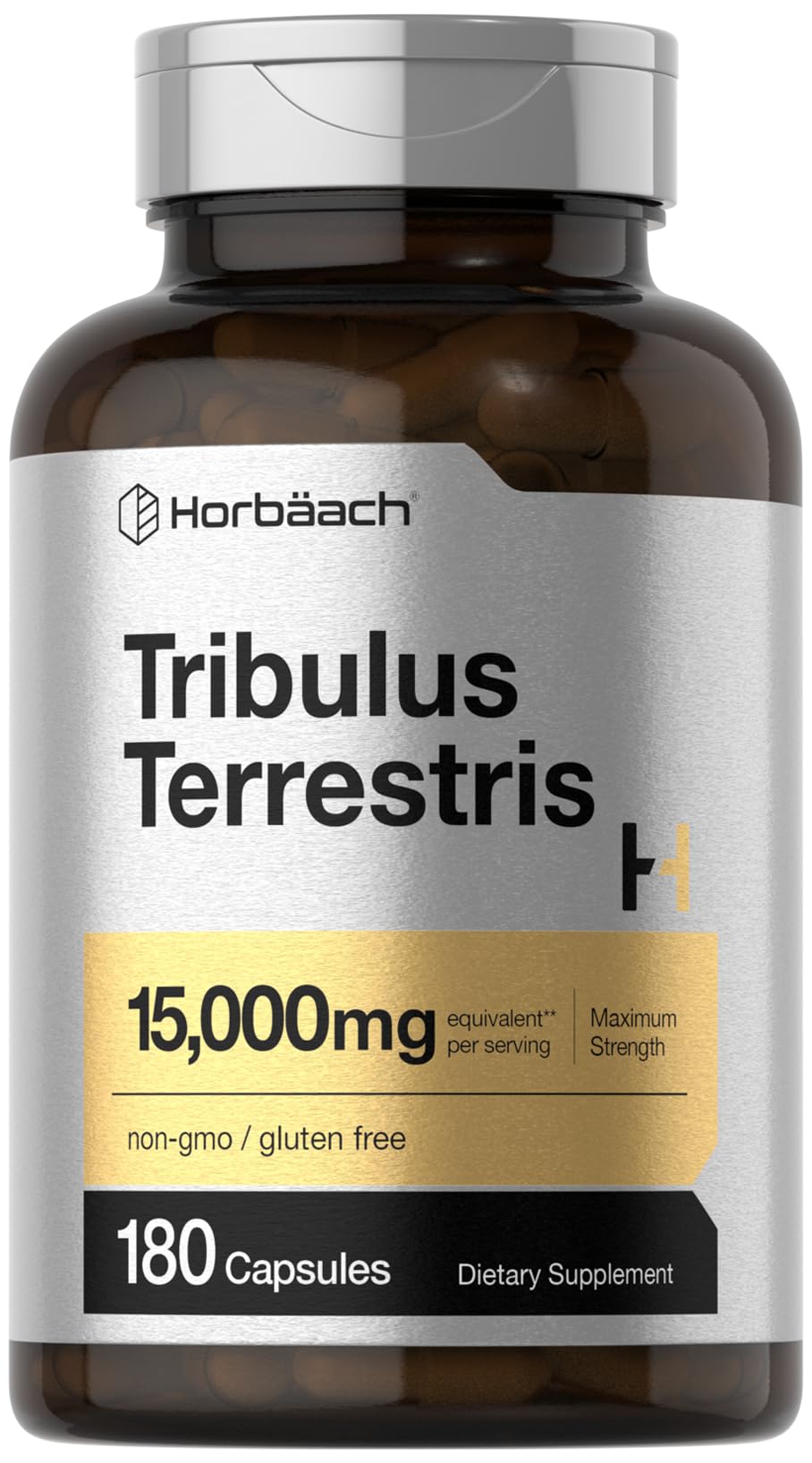 Horbäach Tribulus terrestris capsules bottle on shelf, highlighting strength and daily support.
