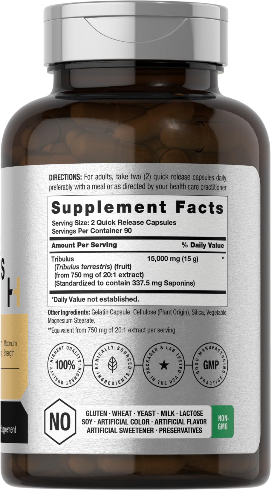 Horbäach Tribulus capsules close-up with detailed label, emphasizing non-GMO quality.