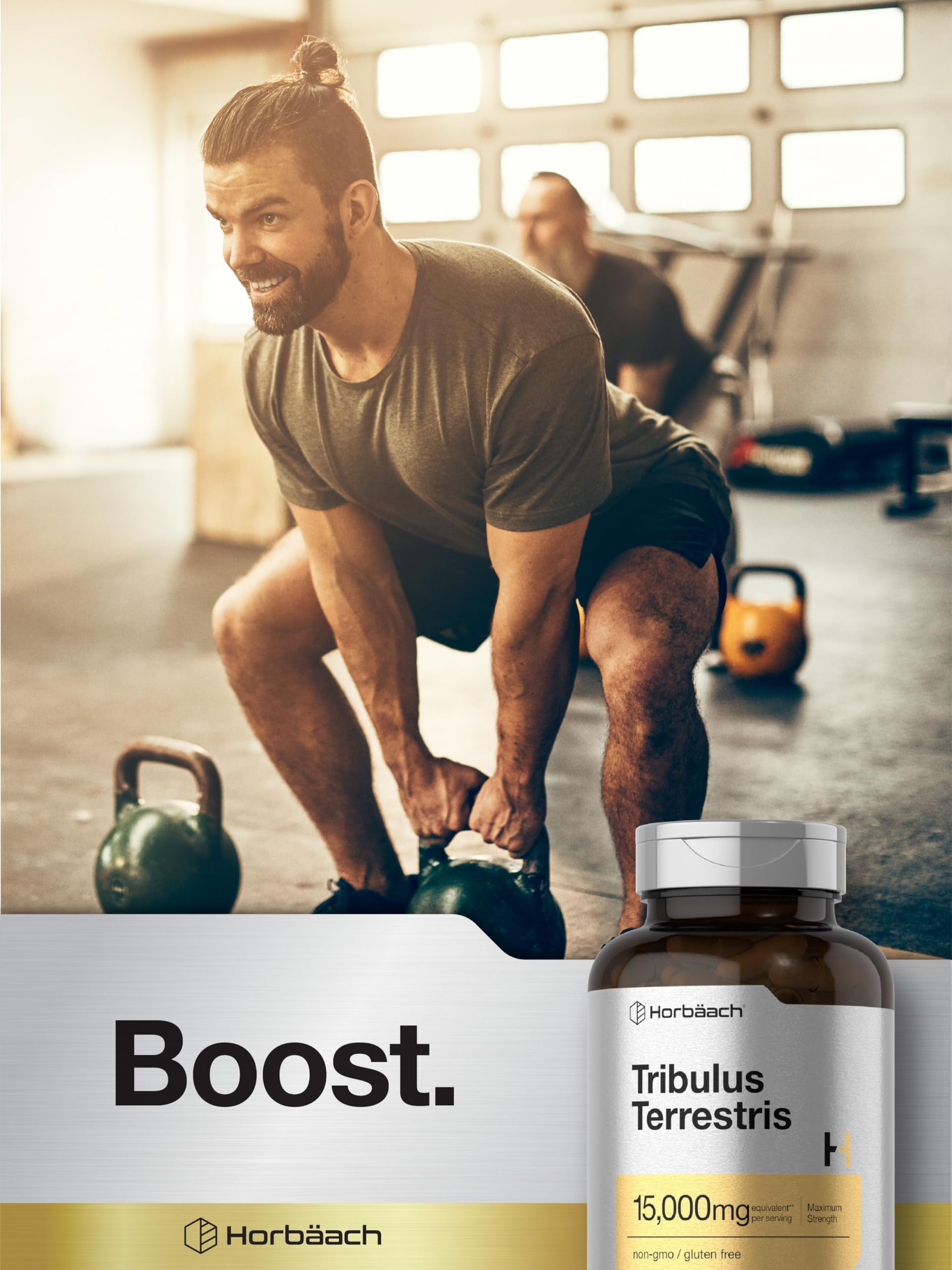 Horbäach Tribulus terrestris supplement box on countertop with clean lifestyle vibe.