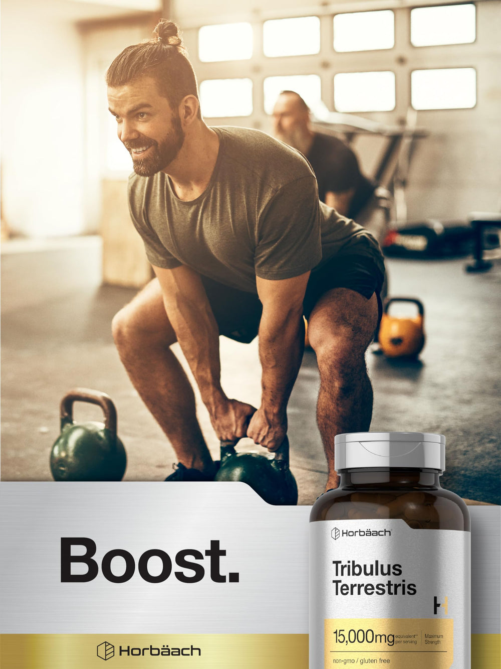 Horbäach Tribulus terrestris supplement box on countertop with clean lifestyle vibe.