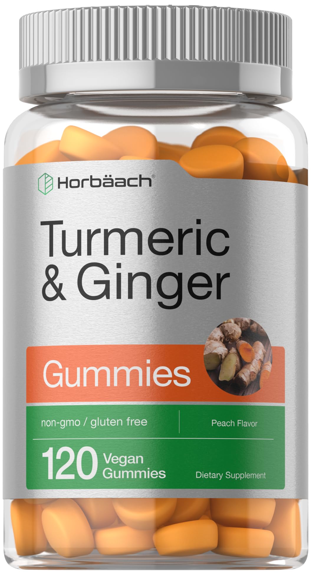 Horbäach Turmeric and Ginger Gummies bottle on table, gluten-free daily supplement