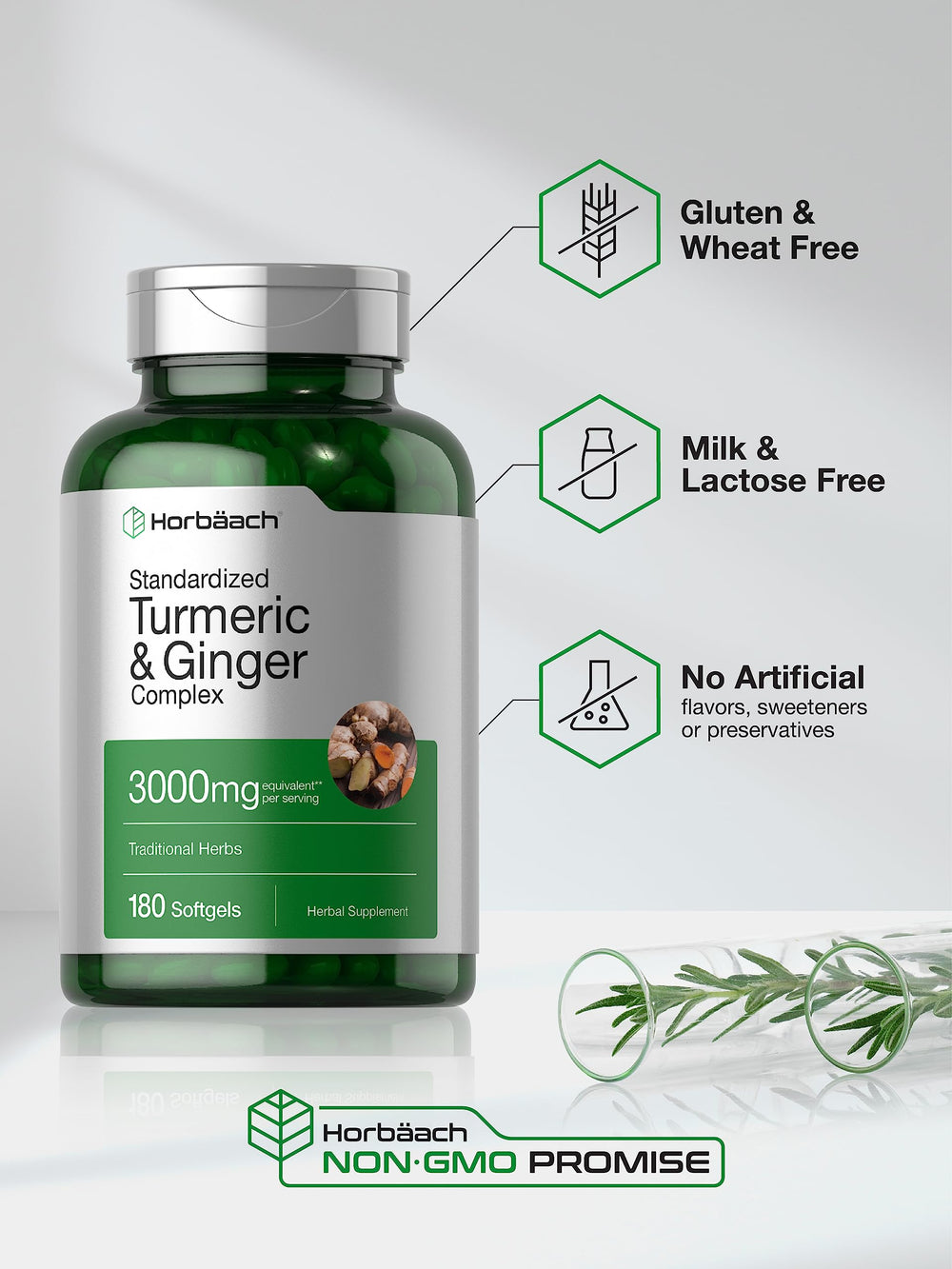 Horbäach turmeric-ginger softgels bottle label close-up highlights gluten-free and non-GMO.