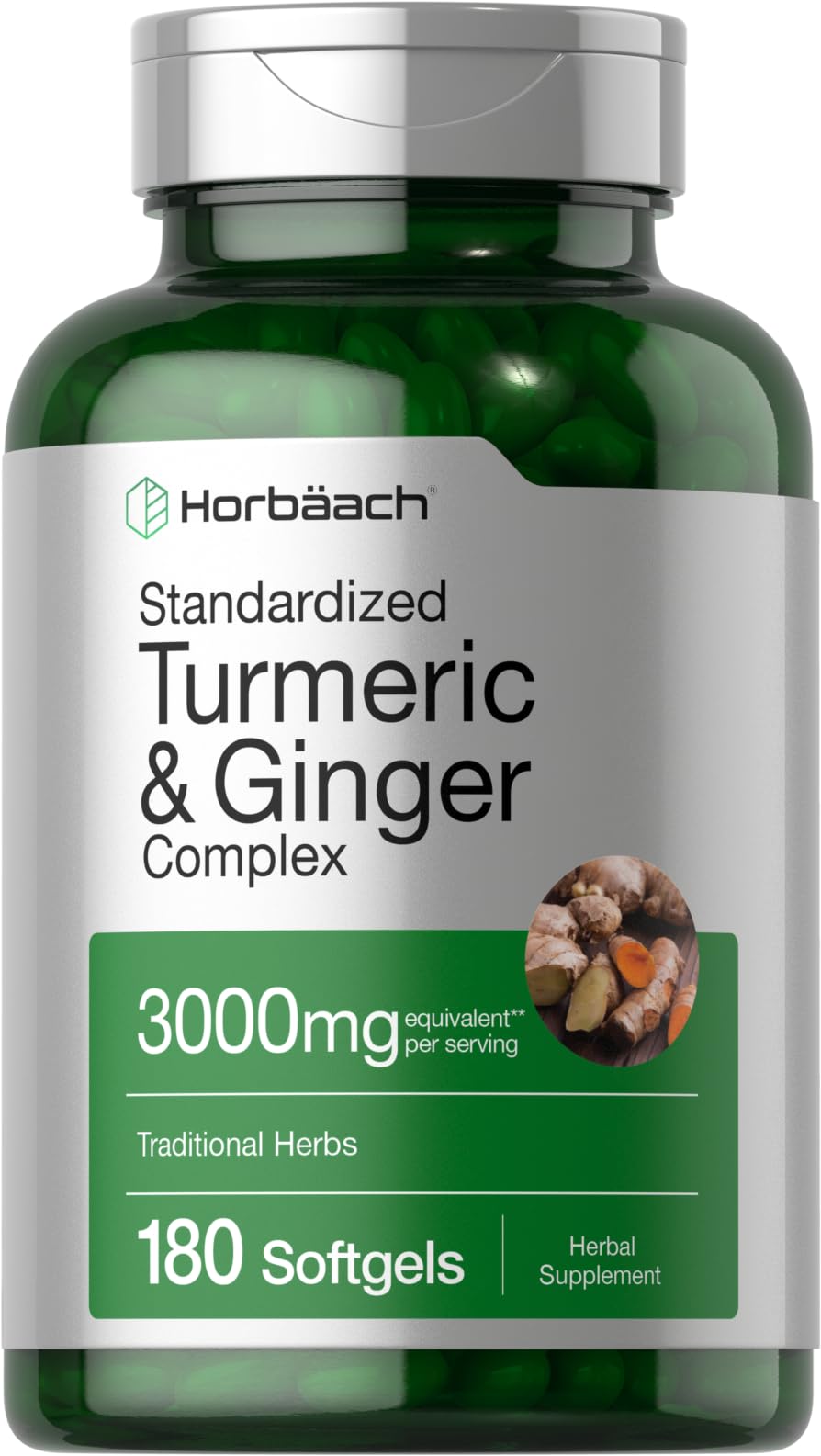 Horbäach Turmeric Ginger Softgels bottle view for easy daily support.