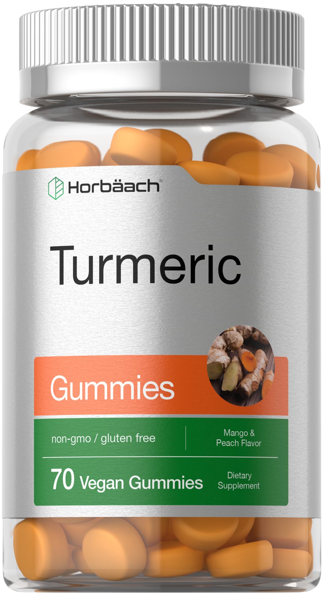 Horbäach Turmeric Gummies bottle front with mango and peach flavor for daily wellness
