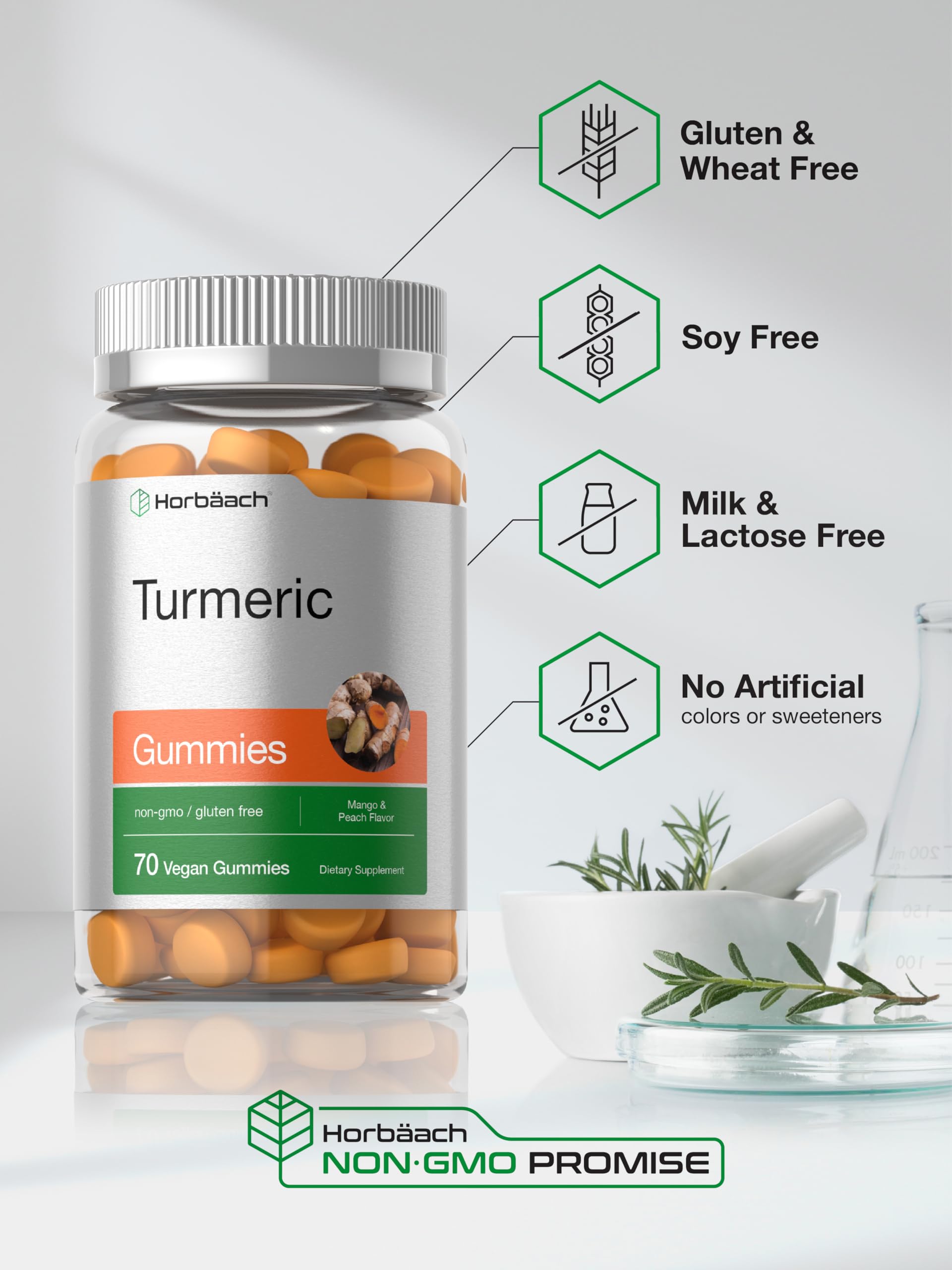 Bottle of Horbäach Turmeric Gummies on kitchen counter ready to take