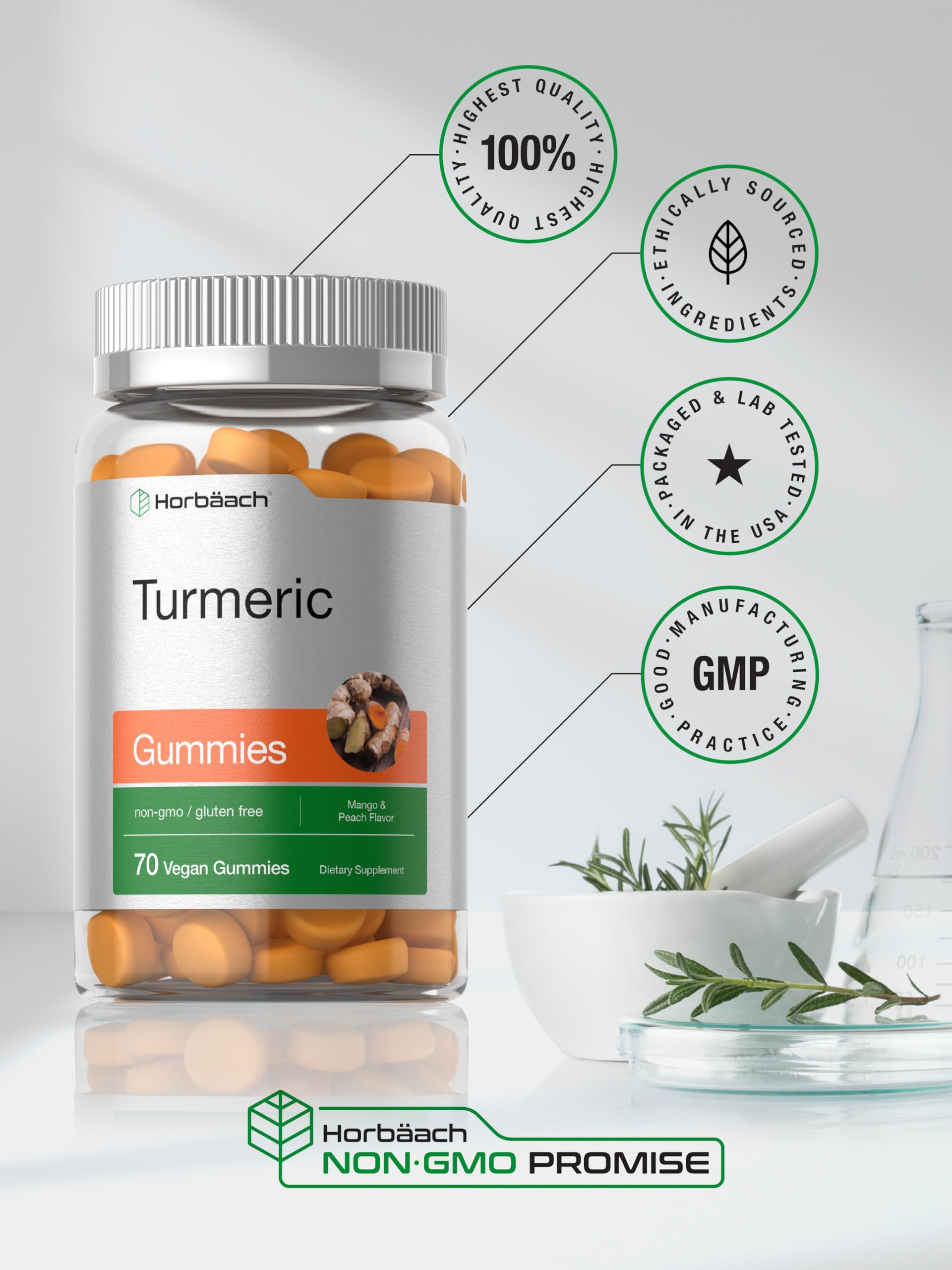 Ingredient panel of Horbäach Turmeric Gummies featuring turmeric and ginger blend