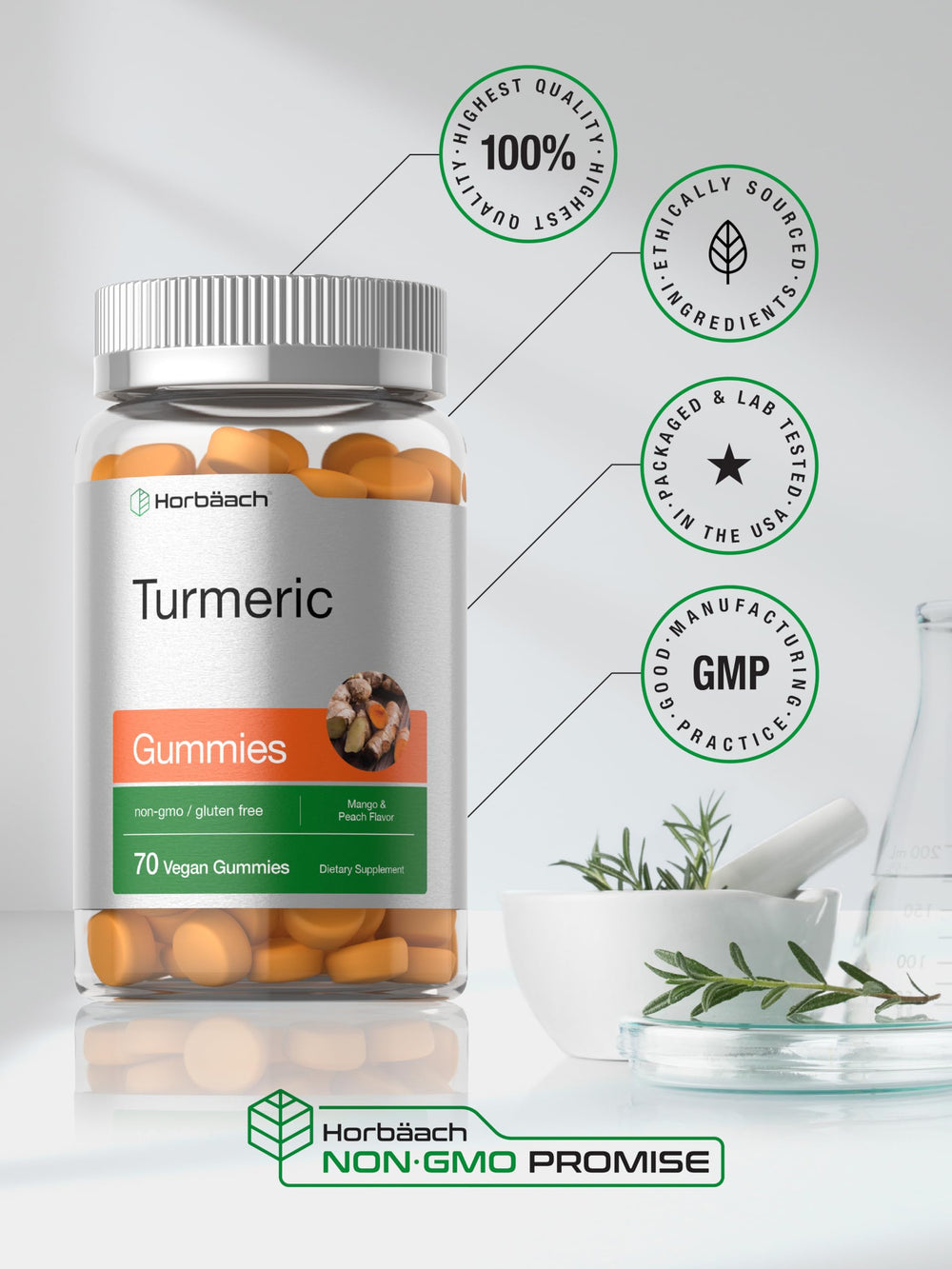 Ingredient panel of Horbäach Turmeric Gummies featuring turmeric and ginger blend