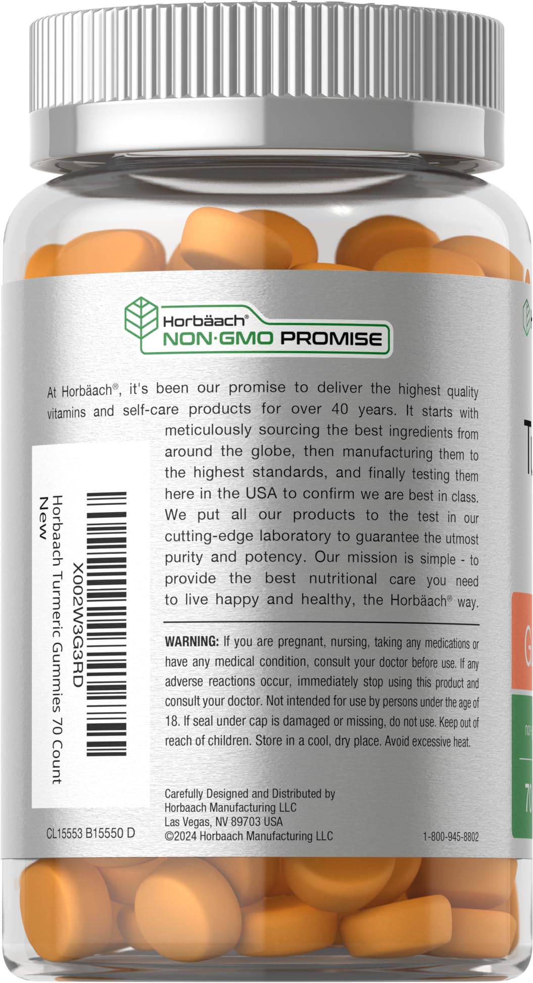 Packaging label for Horbäach Turmeric Gummies highlighting vegan and gluten-free formula