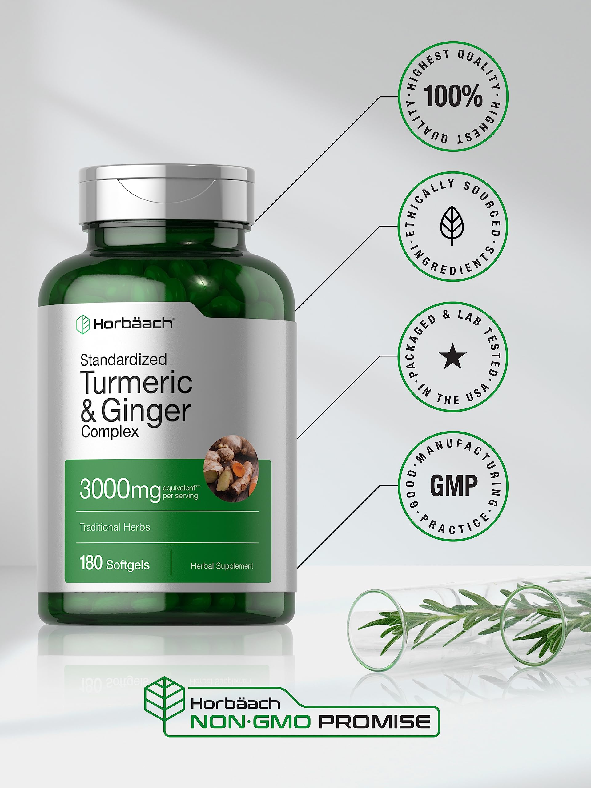 Horbäach turmeric root and ginger root imagery conveys natural origin.
