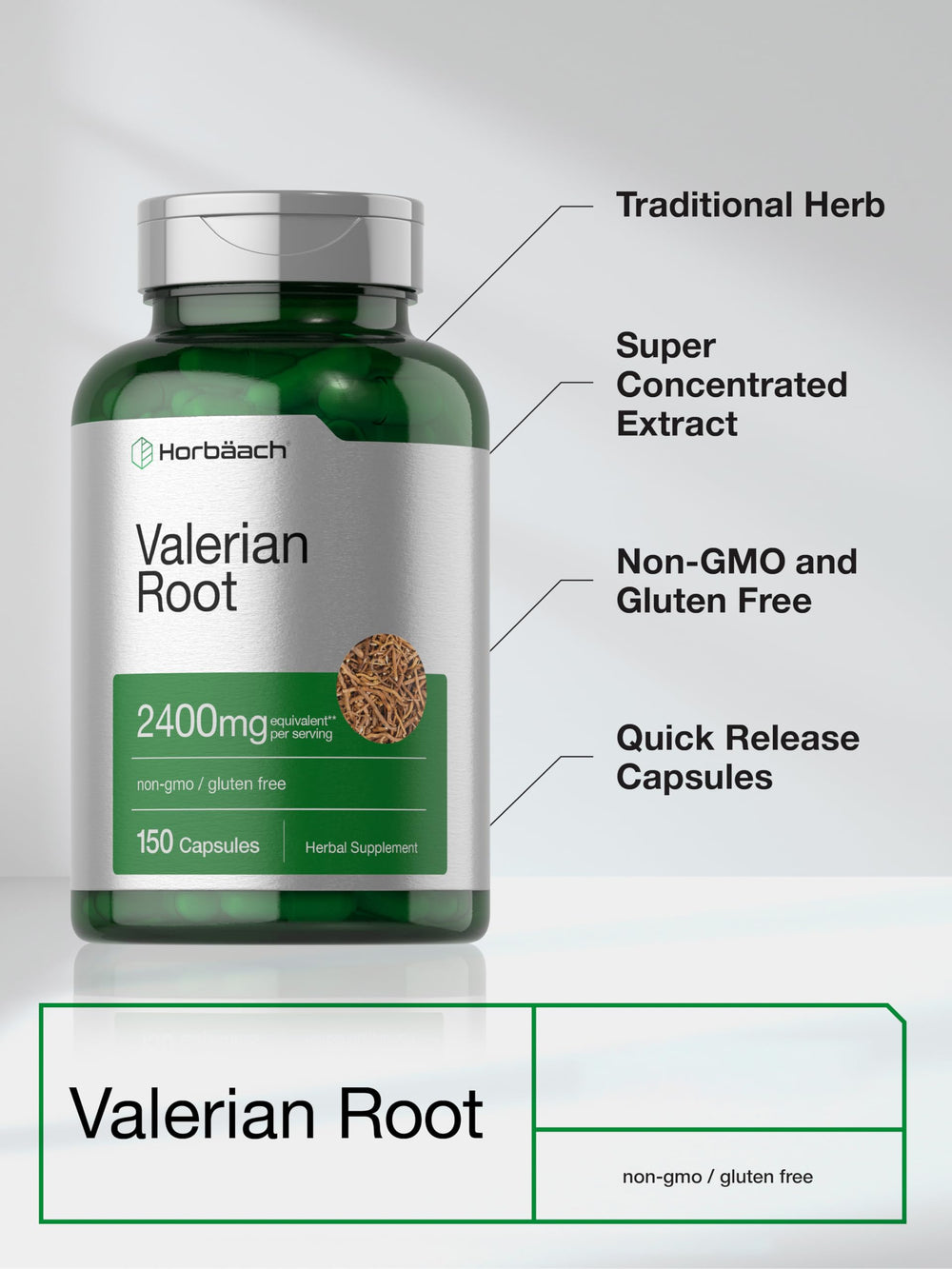 Horbaach valerian root capsules bottle pour; convenient daily ritual.