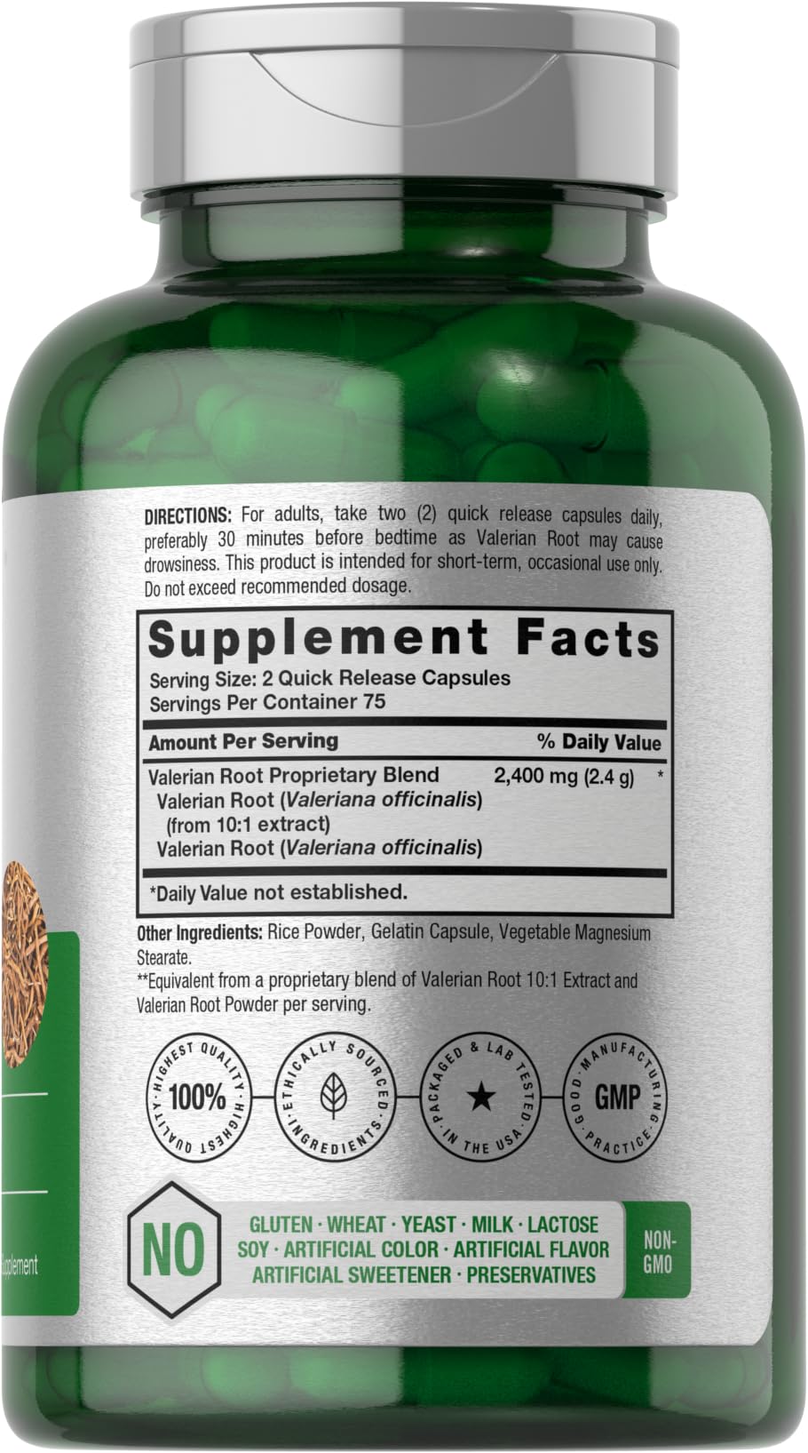 Horbaach valerian root capsules label; premium potency and purity you can trust.