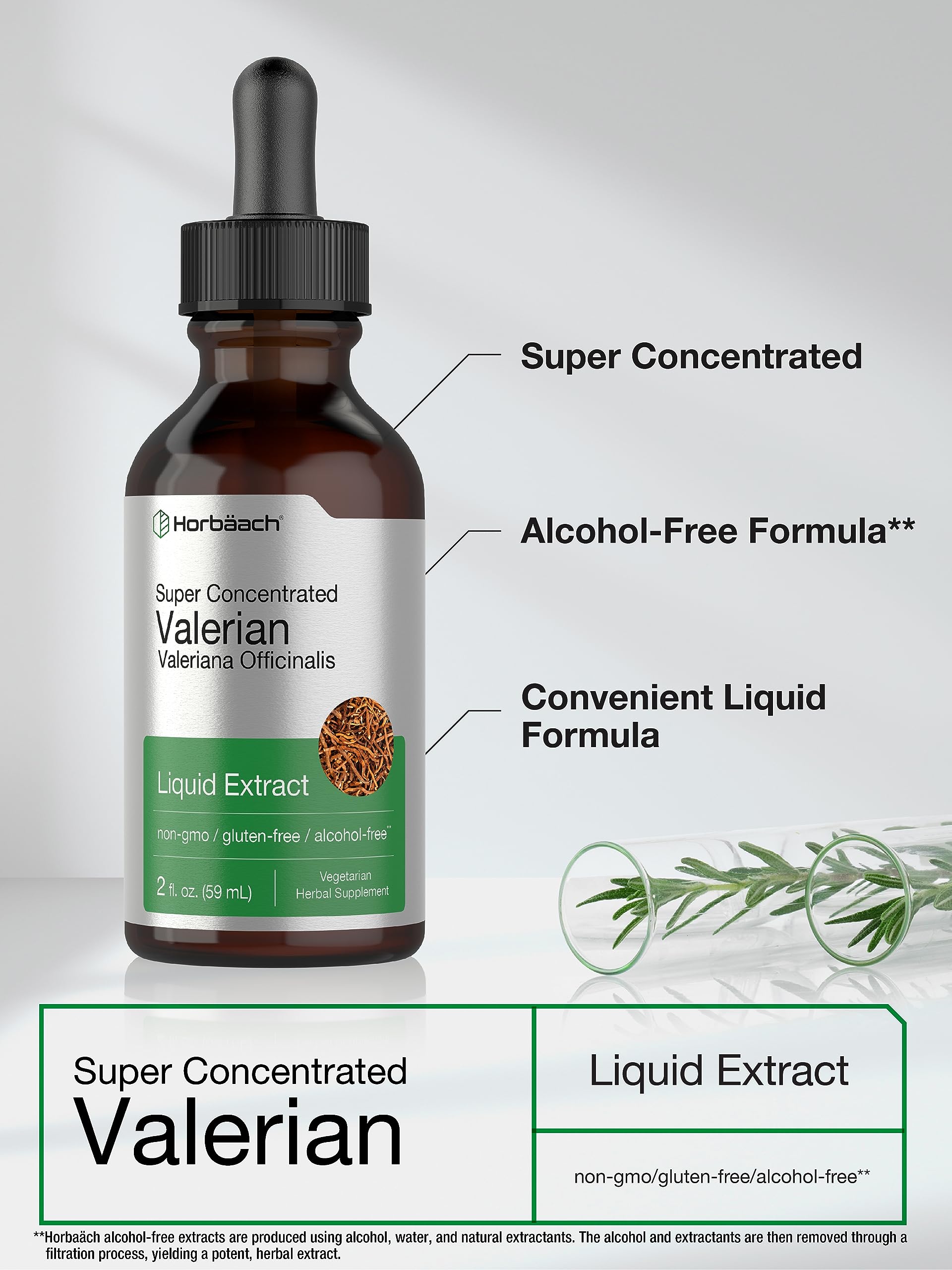 Horbäach Valerian Root Drops bottle front displays label and alcohol-free promise.