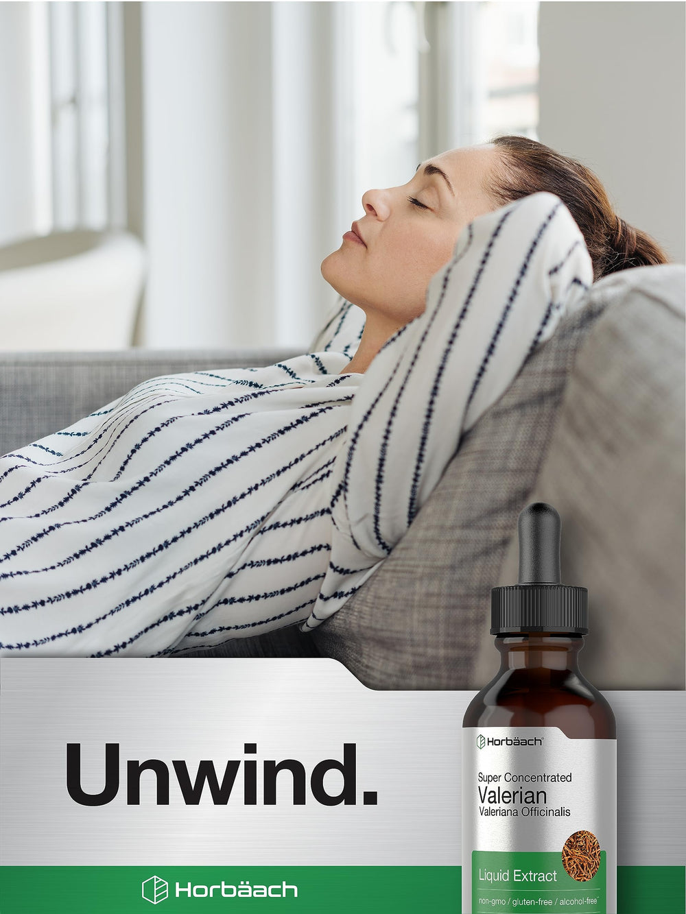 Horbäach Valerian Root Drops bottle beside tea cup suggests soothing nightly ritual.