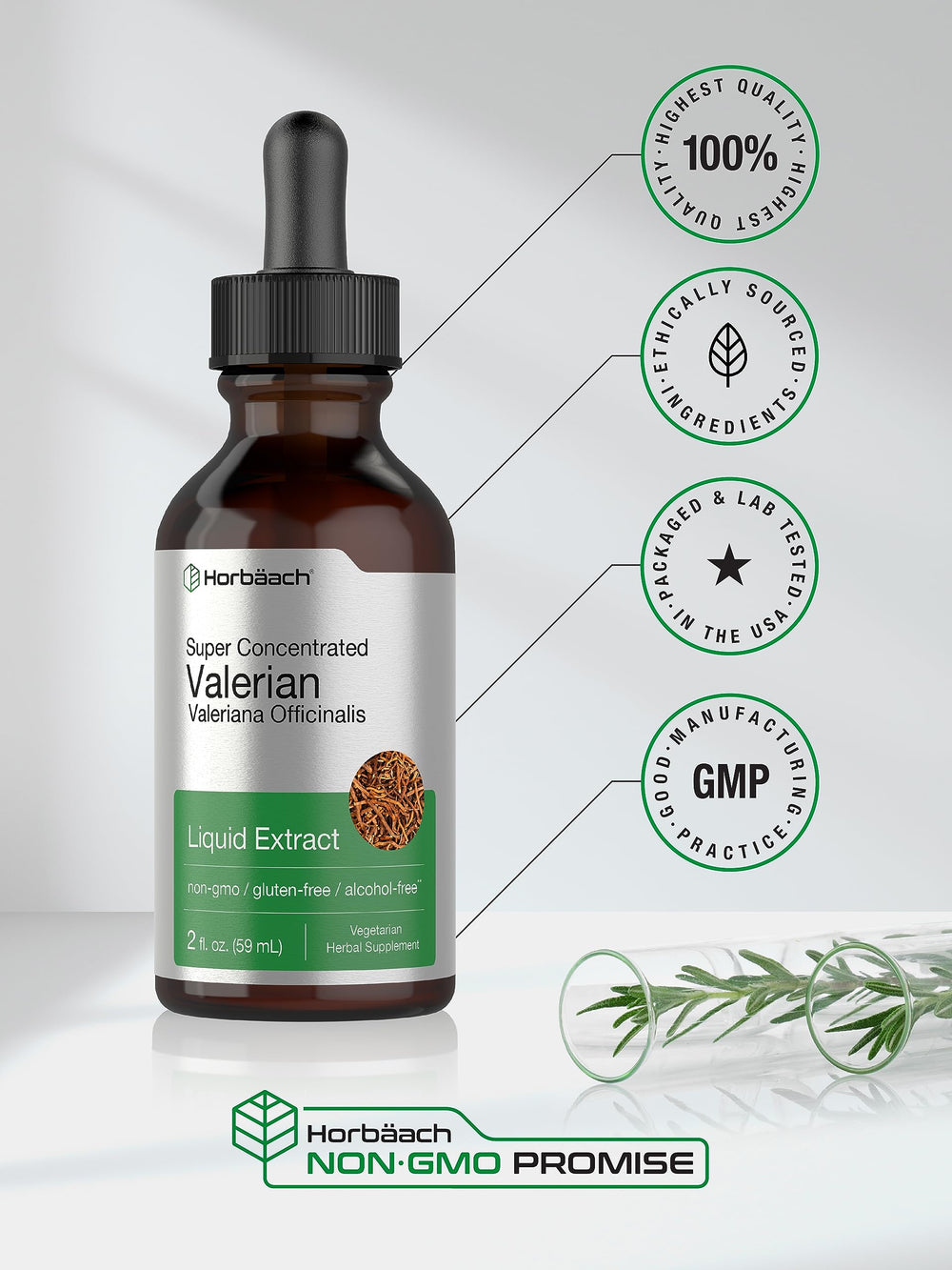 Horbäach Valerian Root Drops bottle with glass and dropper ready for bedtime routine.