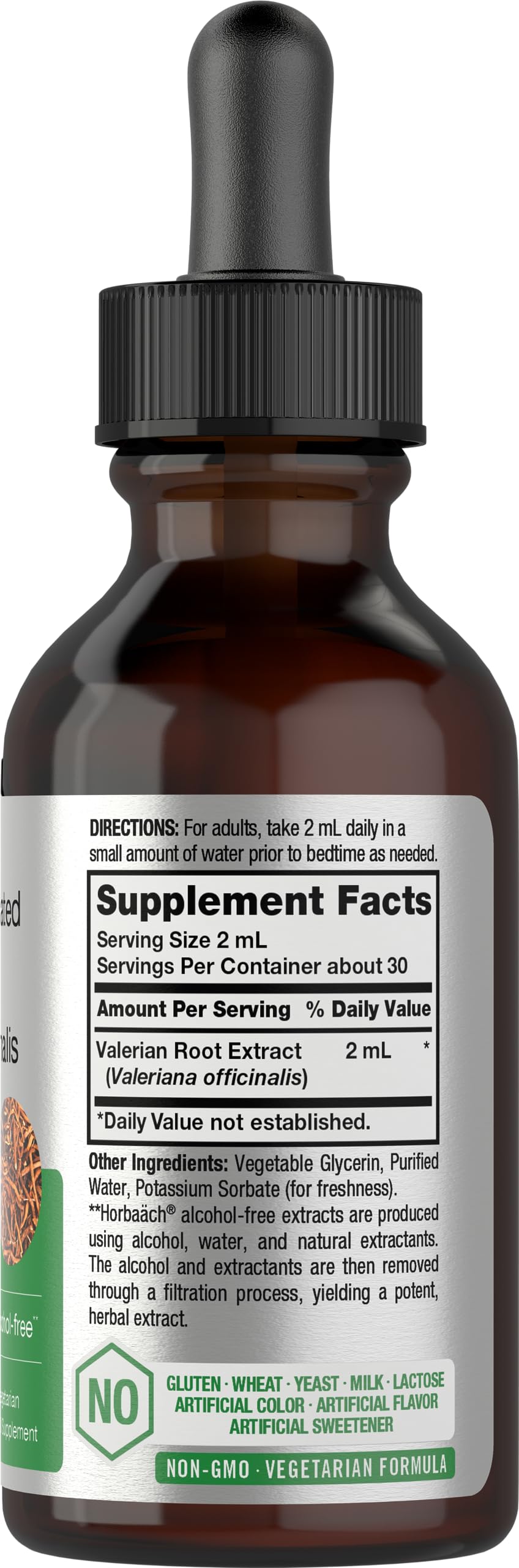 Horbäach Valerian Root Drops dropper closeup highlights concentrated formula for night-time use.