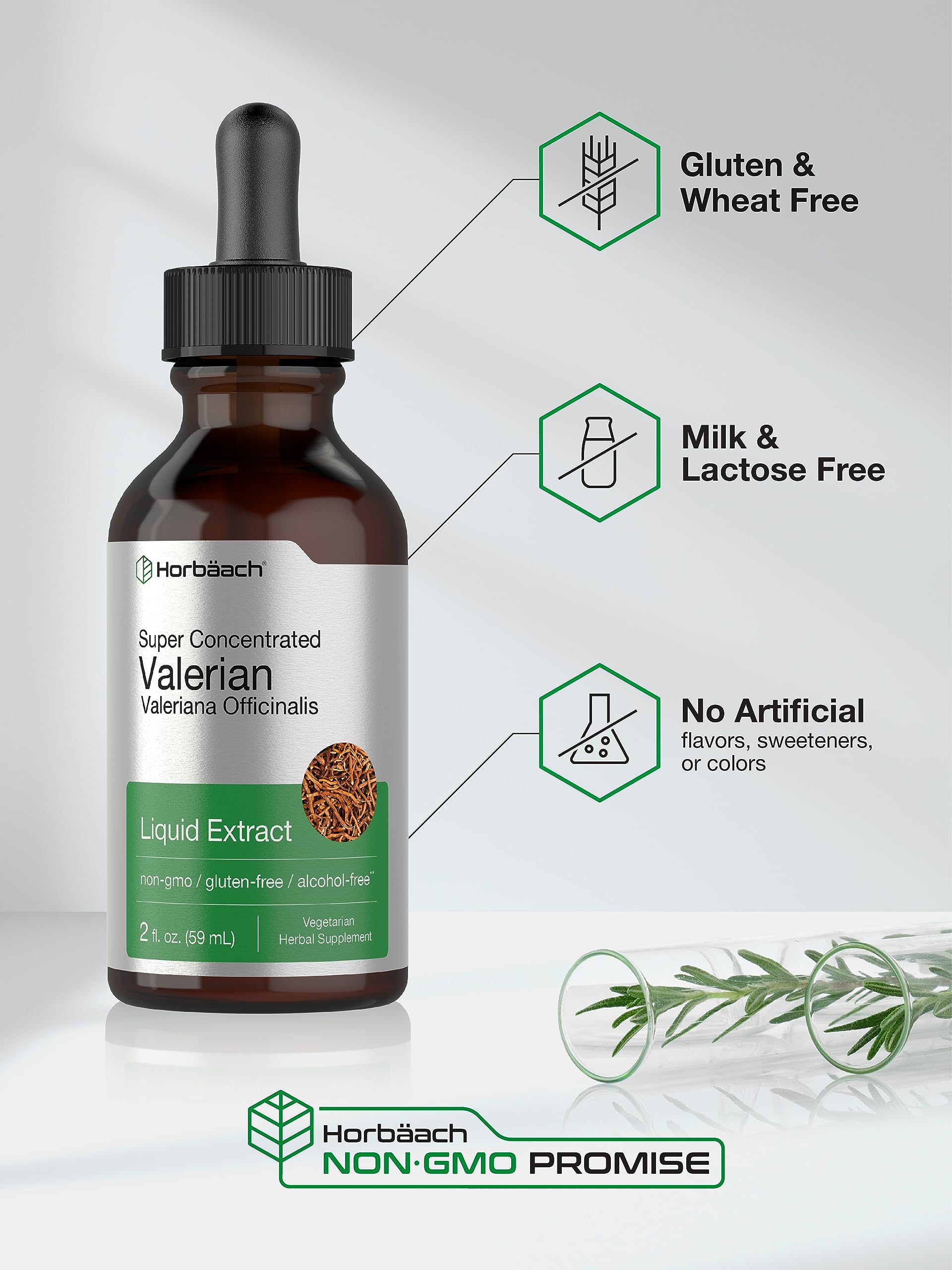 Horbäach Valerian Root Drops label detail communicates non-GMO and gluten-free features.