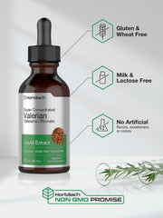 Horbäach Valerian Root Drops label detail communicates non-GMO and gluten-free features.