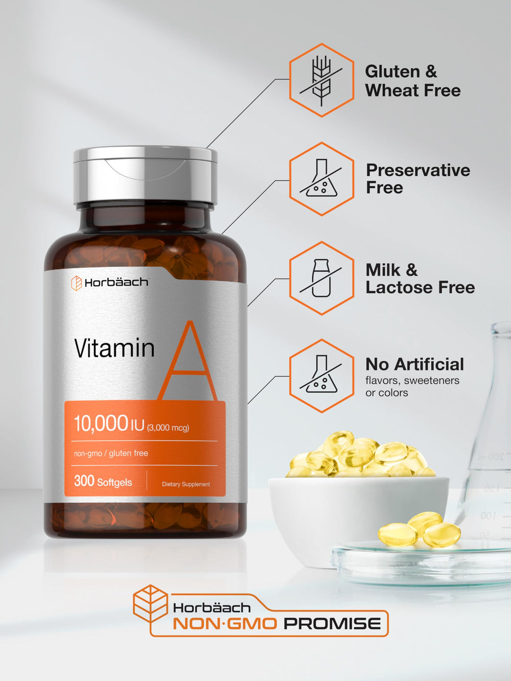 Horbäach Vitamin A 10000 IU softgels capsules close view.