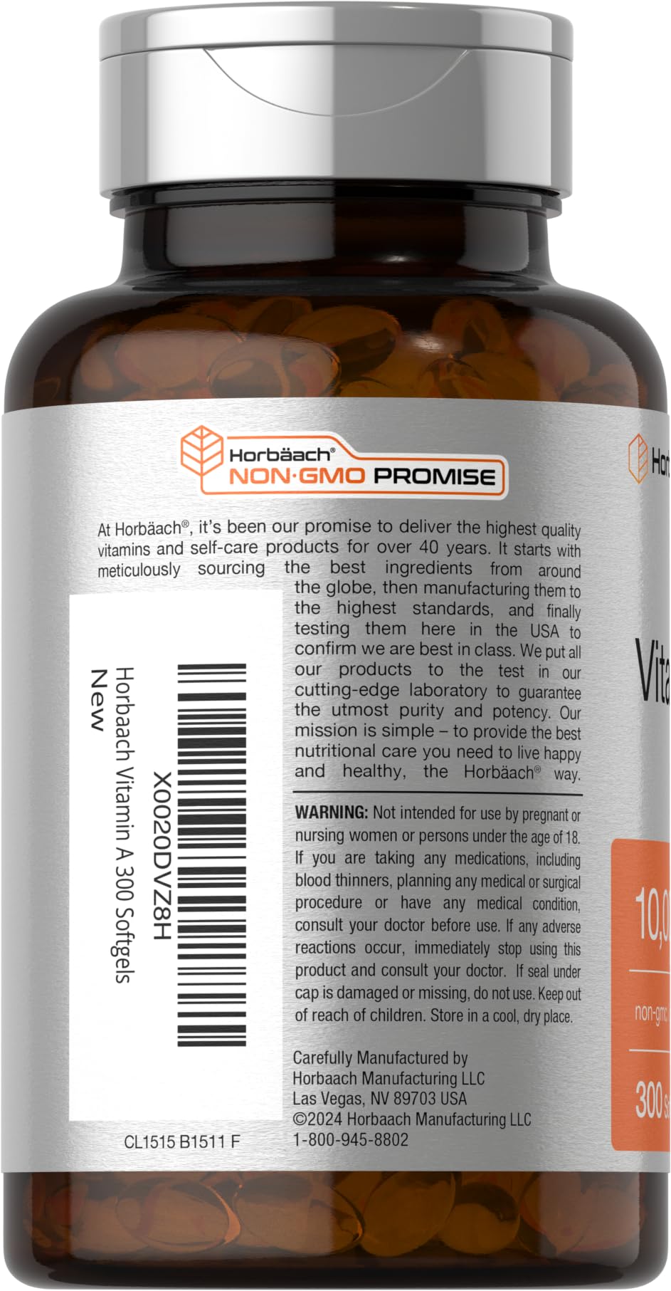 Horbäach Vitamin A 10000 IU softgels closeup shows quick-release capsule.