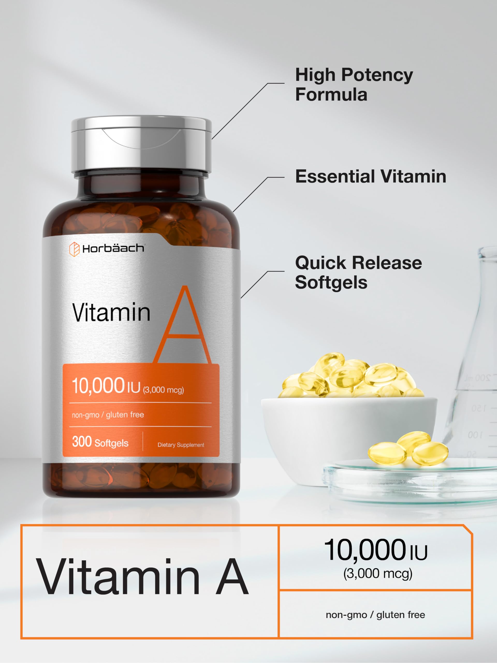 Horbäach Vitamin A 10000 IU softgels packaging highlights non-GMO, gluten-free status.