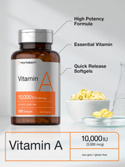 Horbäach Vitamin A 10000 IU softgels packaging highlights non-GMO, gluten-free status.