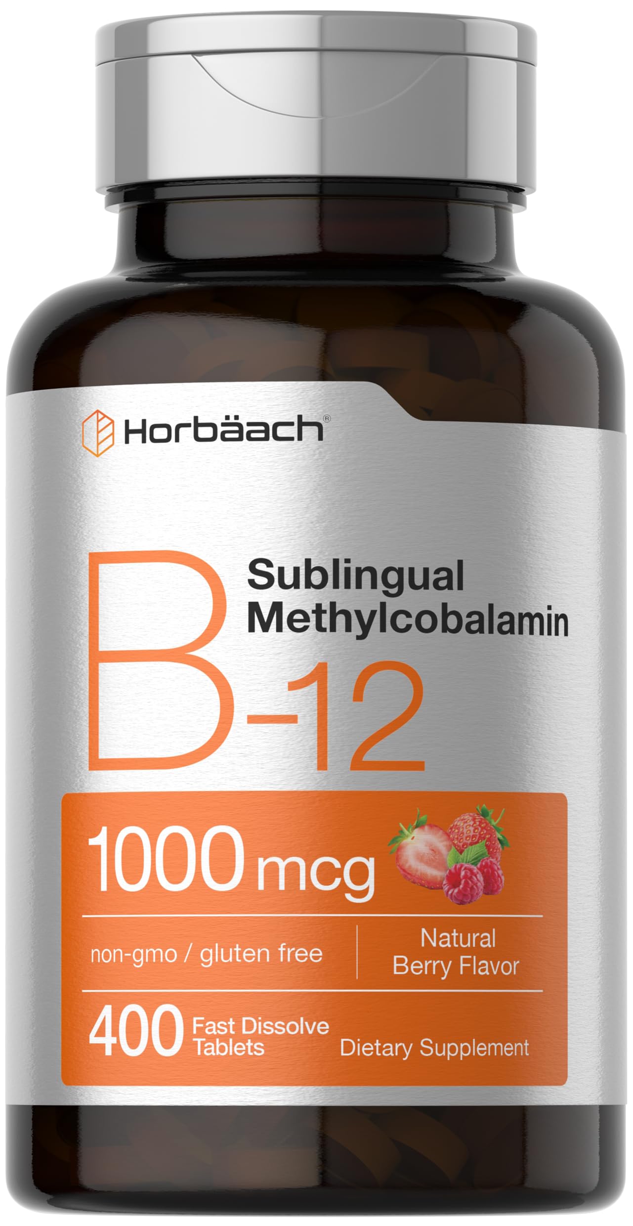 Horbaach Vitamin B12 bottle with berry flavor for convenient daily supplementation
