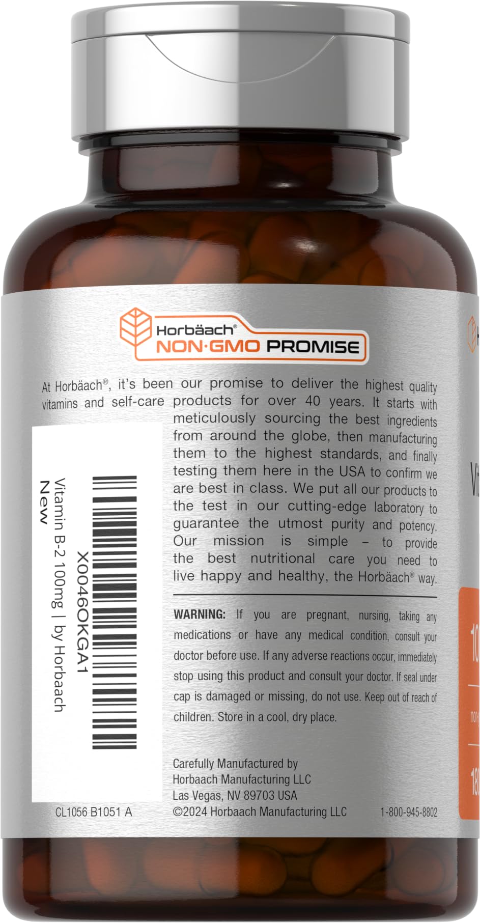Horbäach Vitamin B2 label highlighting non-GMO and gluten-free formulation