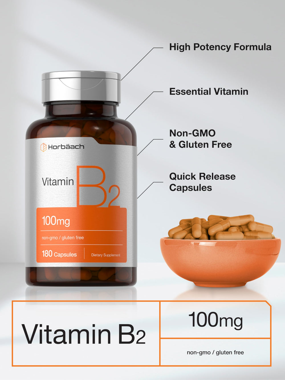 Horbäach Vitamin B2 non-GMO seal on bottle